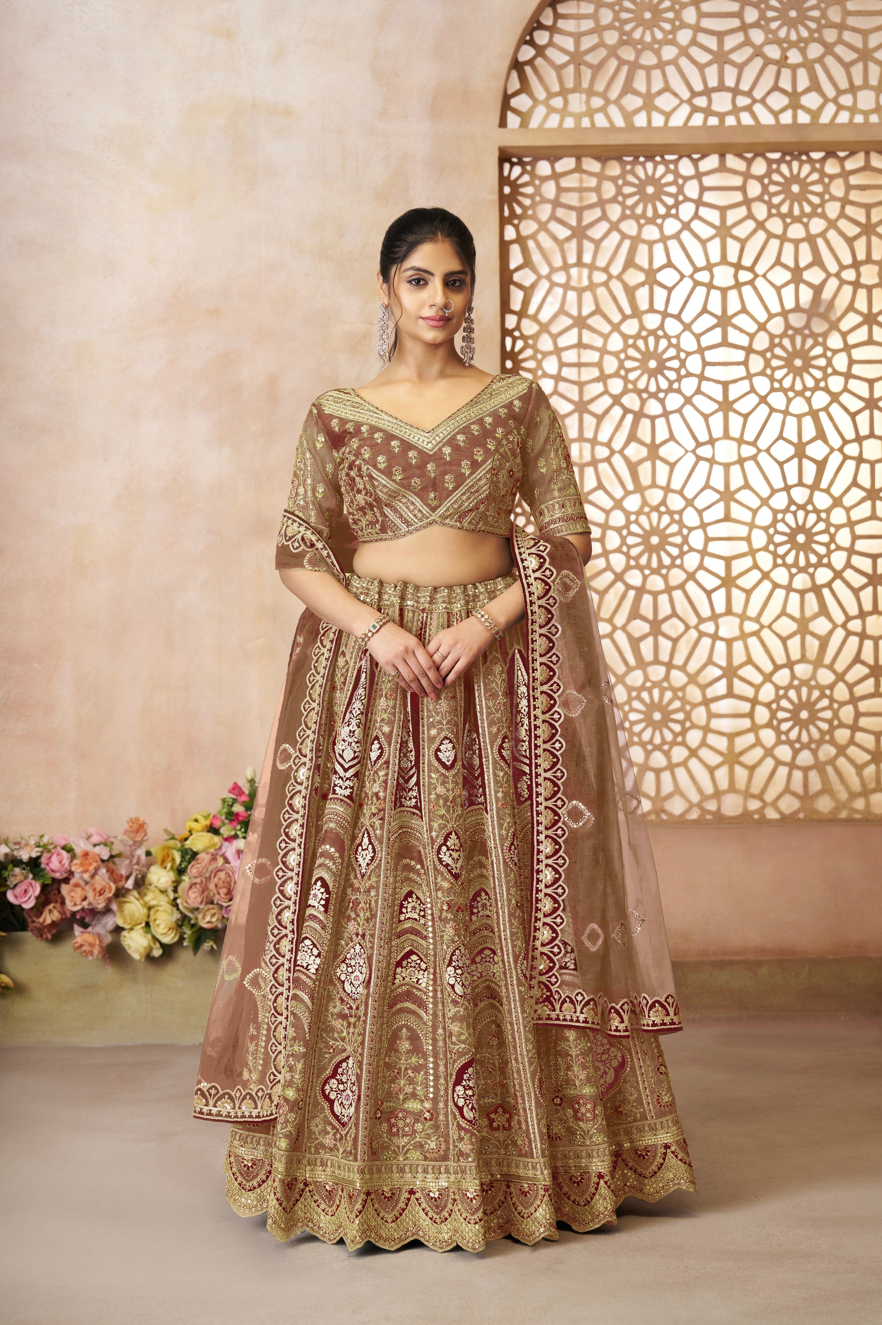 Brown Banarasi Silk Lehenga with Aari Embroidery &amp; Dupatta