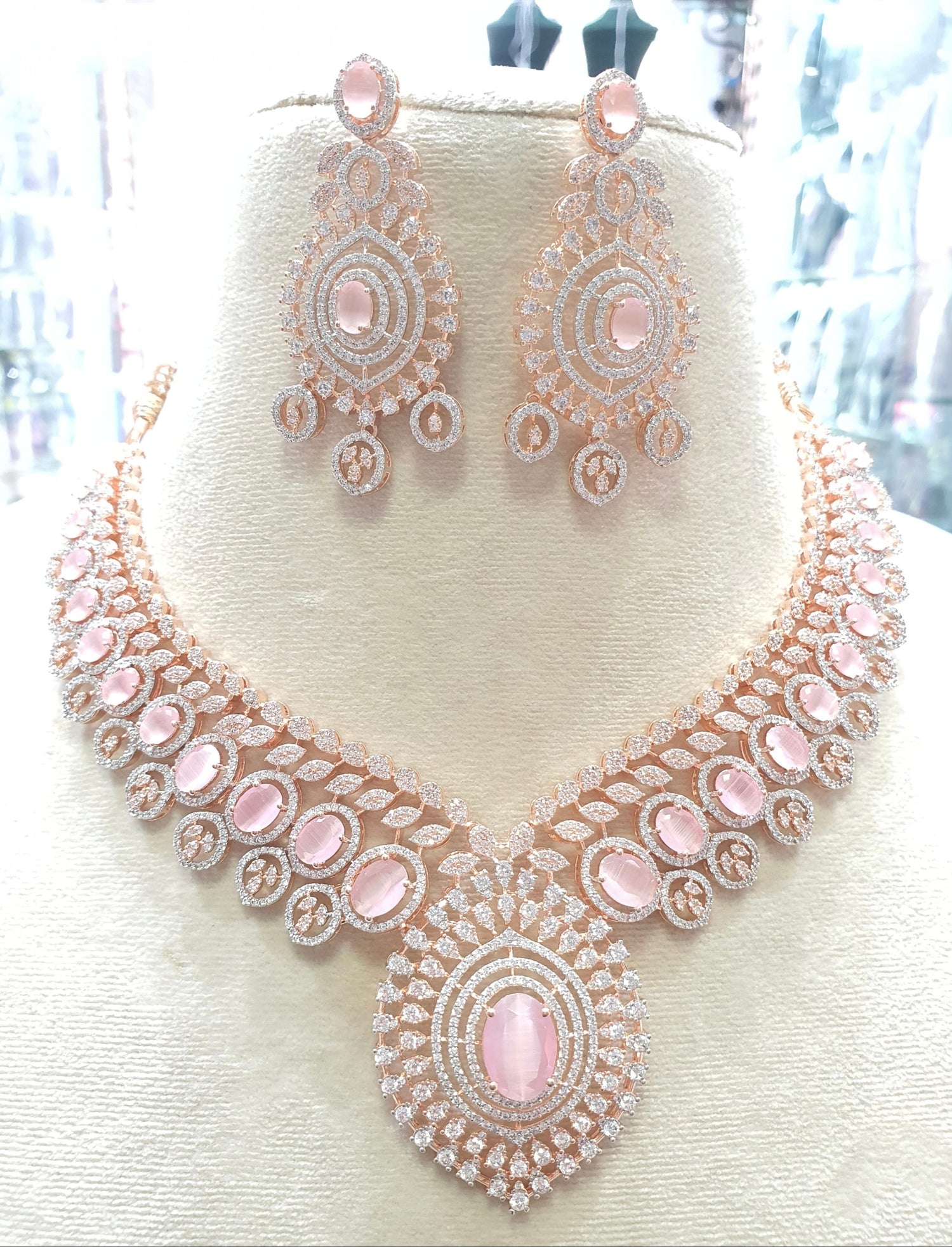 Rose gold pink stone wedding necklace set