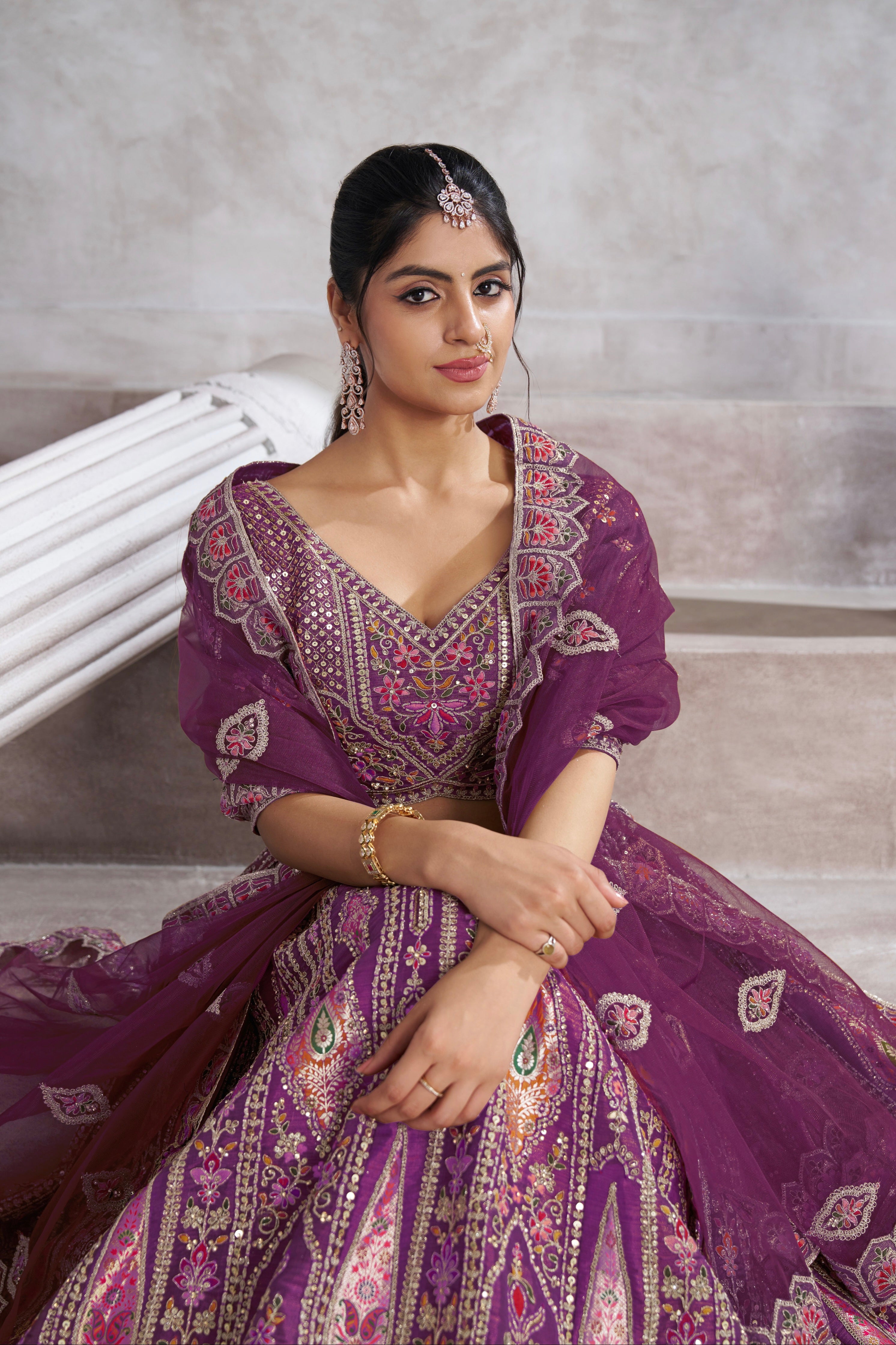 Purple Banarasi Silk Lehenga with Aari Embroidery