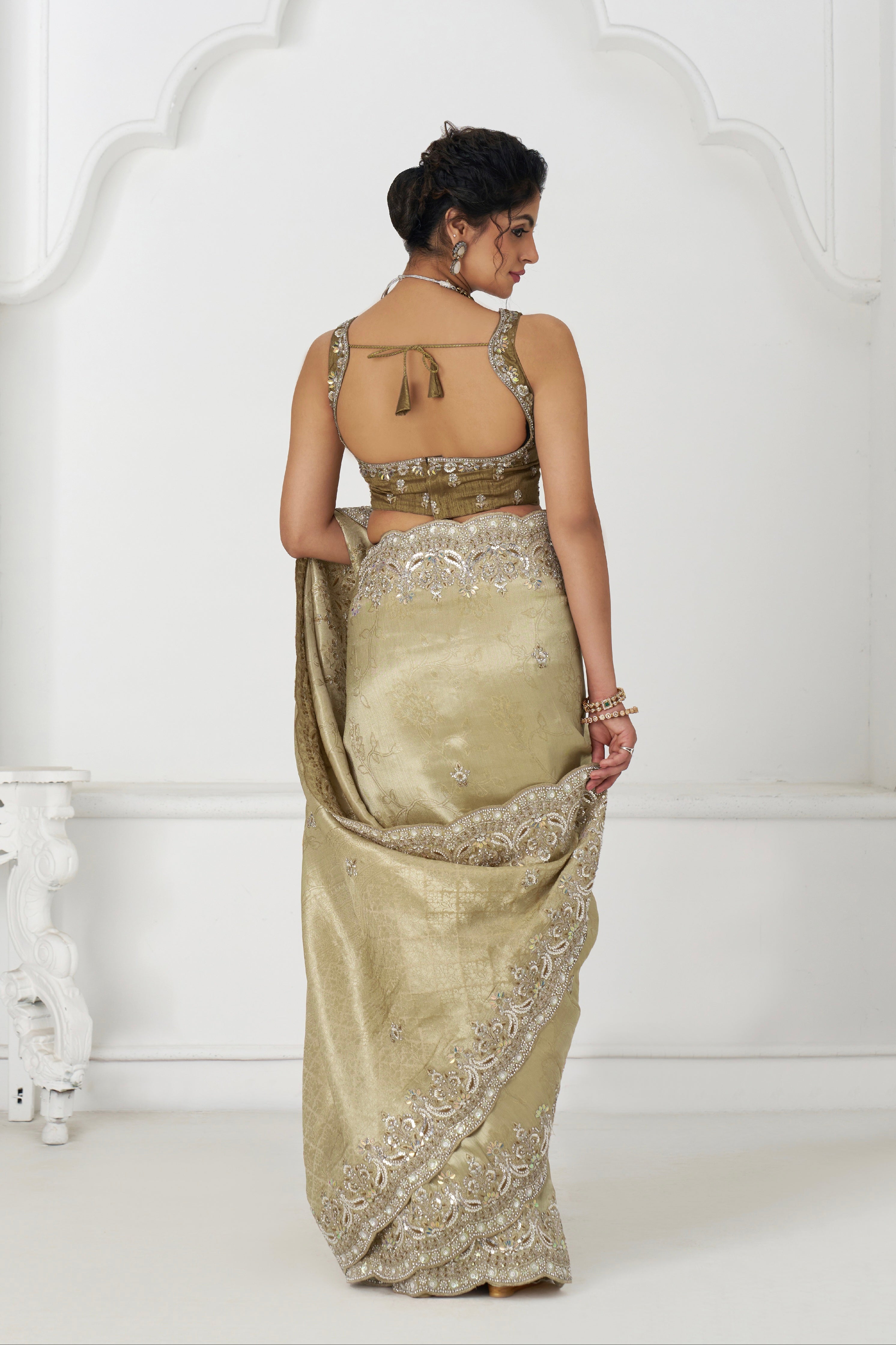 Traditional chiku Dola silk saree with matching blouse
