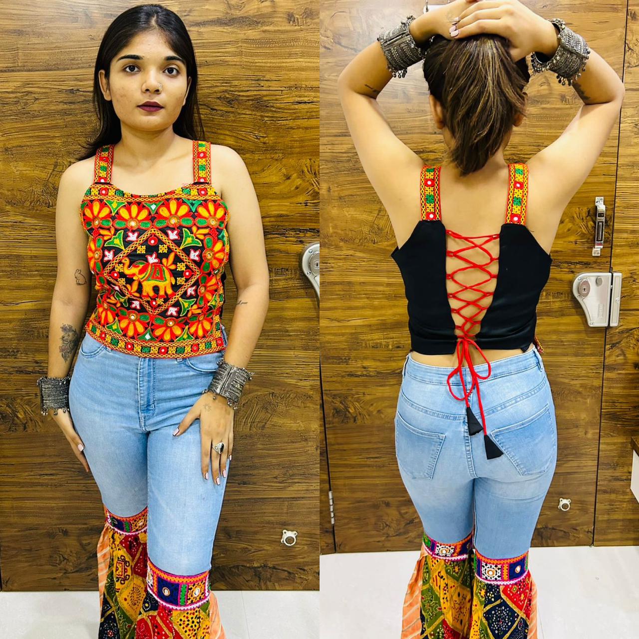Navratri Fusion Outfit - Denim Jacket & Dupatta Dhoti! | Fashionmate |  Latest Fashion Trends in India