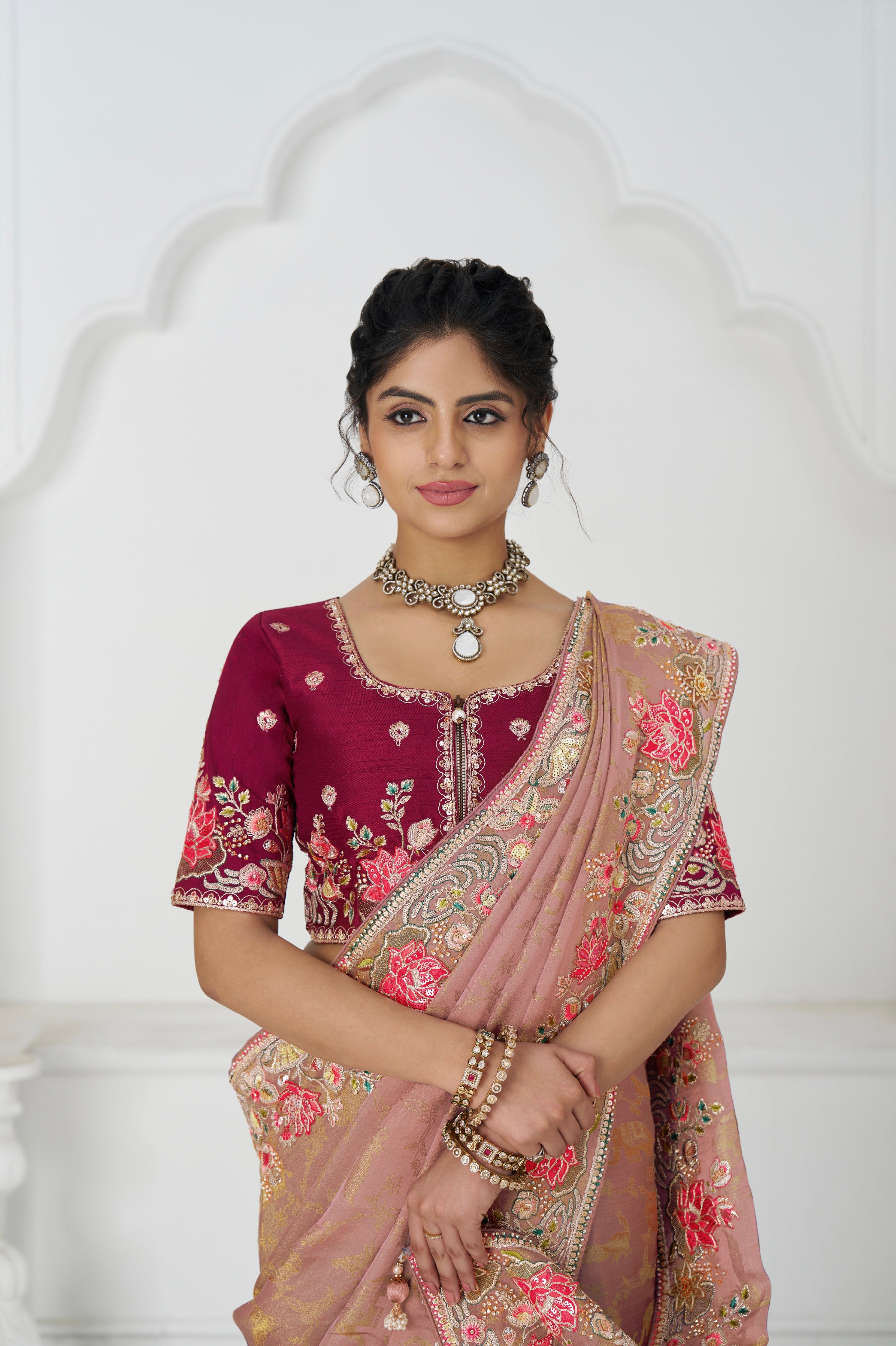 Designer peach saree with sequin and bead detailing