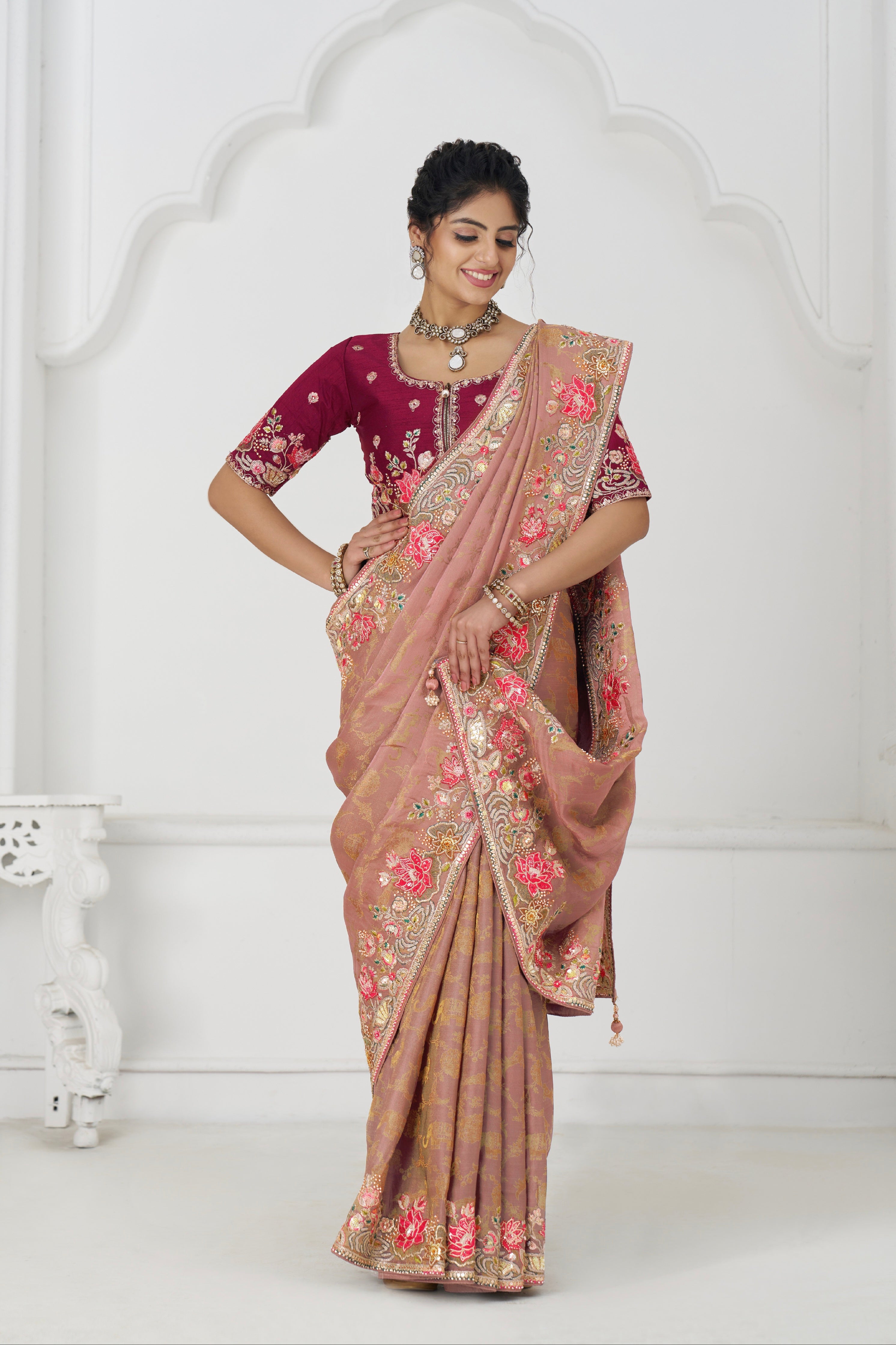 Peach embroidered saree for wedding and party wear
