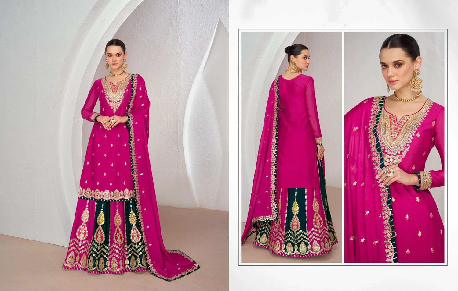 Pink Chinnon Silk Anarkali Suit with Embellished Skirt &amp; Dupatta