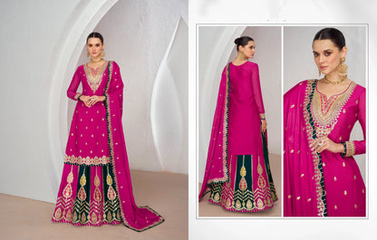 Pink Chinnon Silk Anarkali Suit with Embellished Skirt &amp; Dupatta