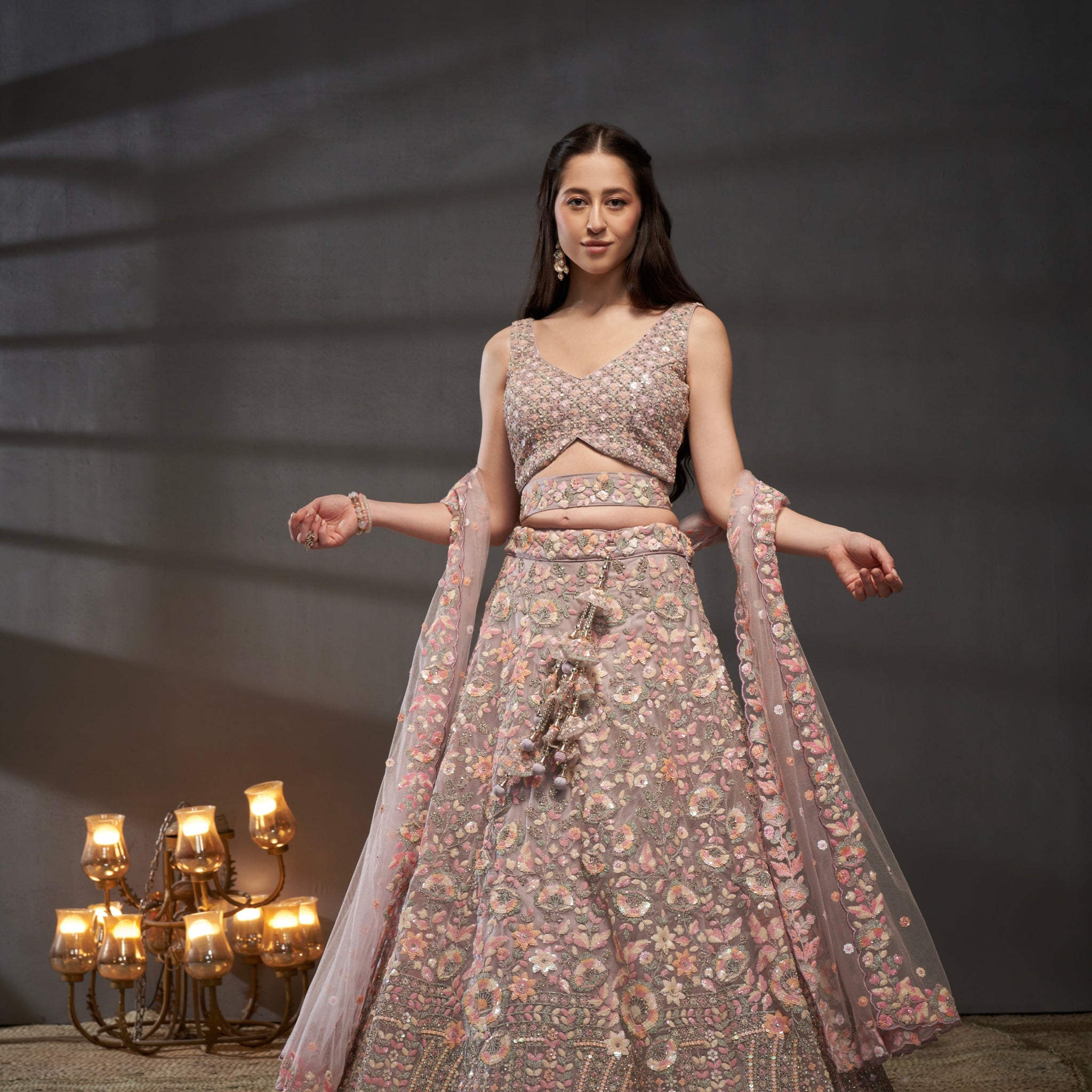 Mauve Net Lehenga with Multi-Color Sequins and Zarkan Work


