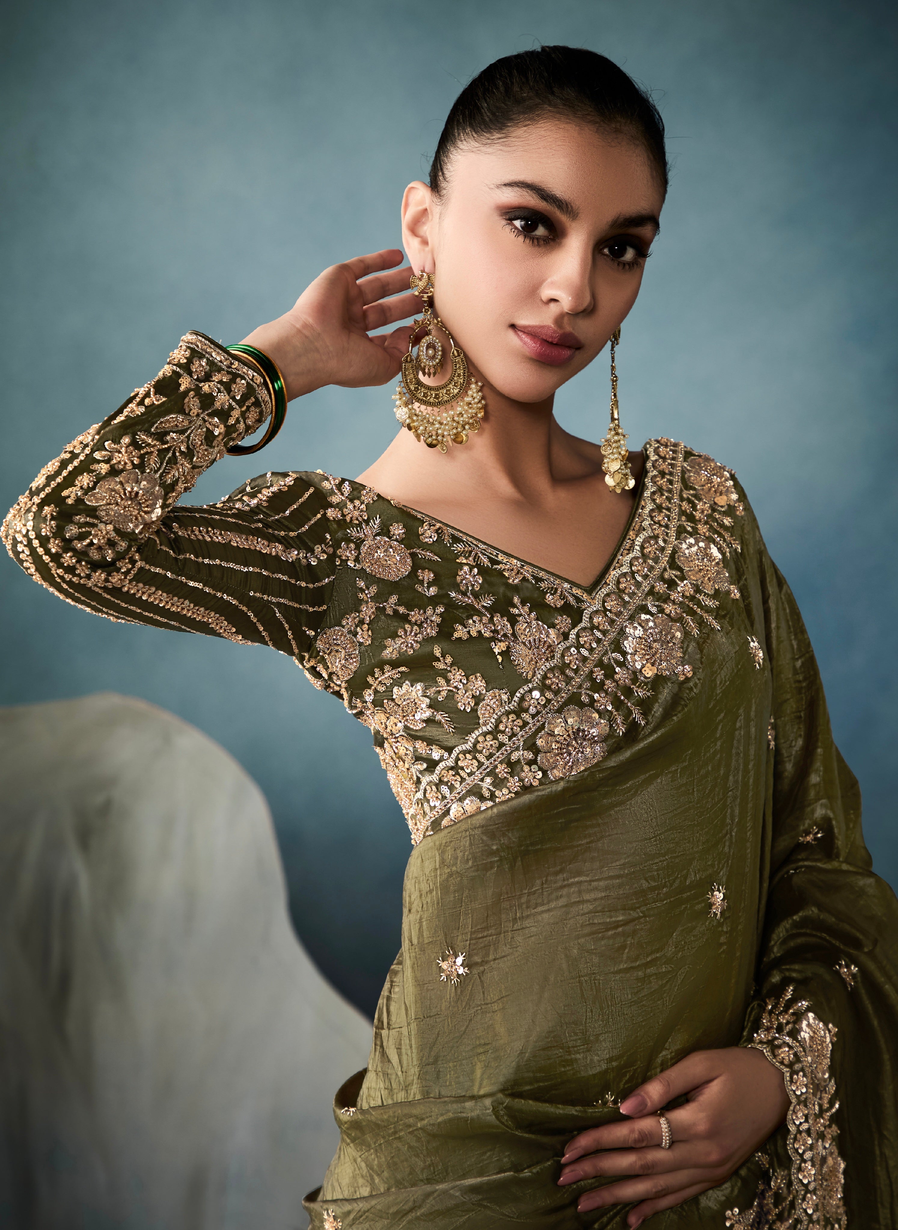 Elegant Dark Green Tissue Saree for Reception