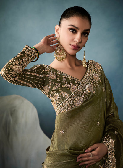 Elegant Dark Green Tissue Saree for Reception