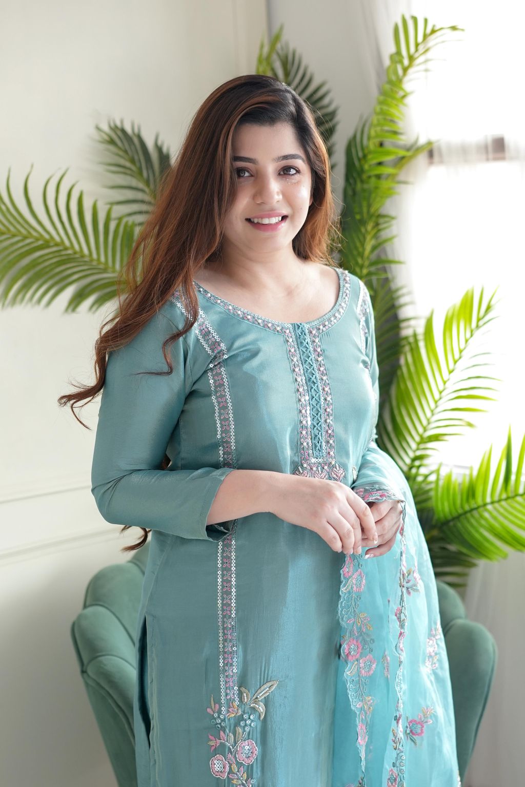 Sea Green Pure Chinon Kurti Set with Taby Organza Dupatta