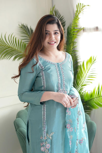 Sea Green Pure Chinon Kurti Set with Taby Organza Dupatta