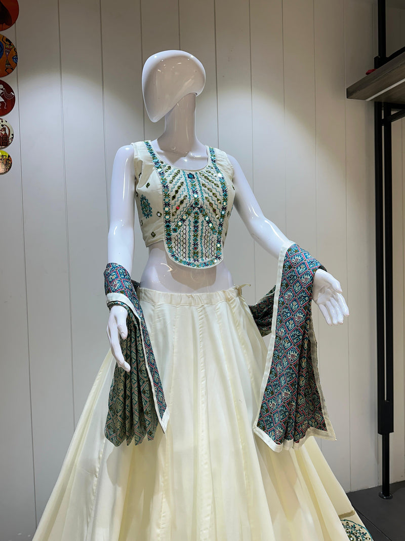 Traditional white lehenga with green dupatta