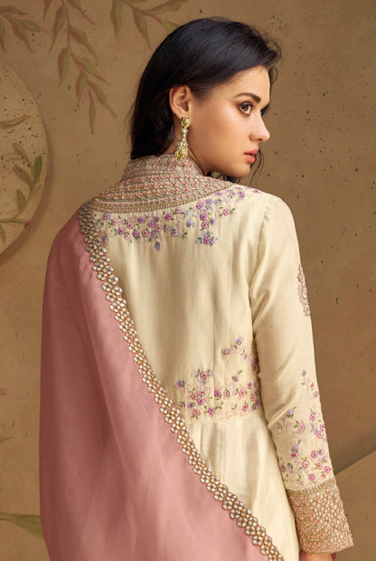 Ivory Pure Silk Anarkali Suit with Pink Embroidered Dupatta