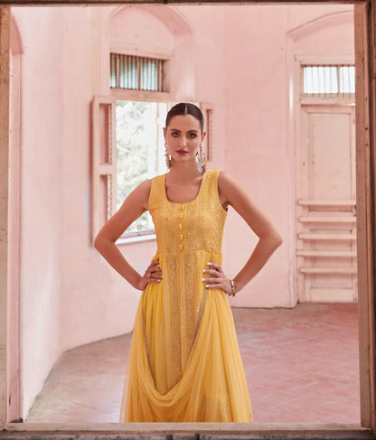 Yellow Full Flared Anarkali Gown In Georgette With Thread And Sequins Embroidery