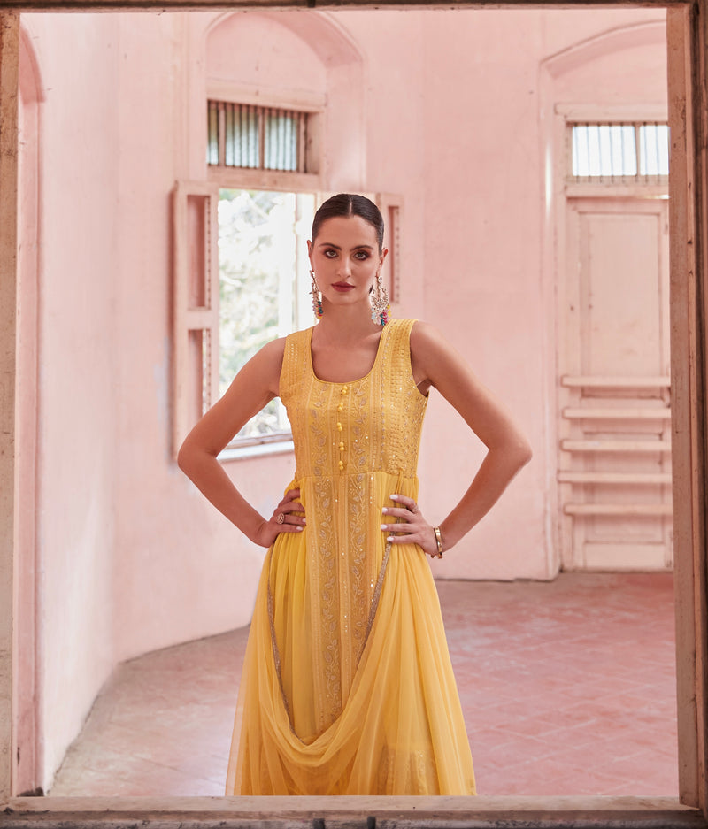 Yellow Full Flared Anarkali Gown In Georgette With Thread And Sequins Embroidery