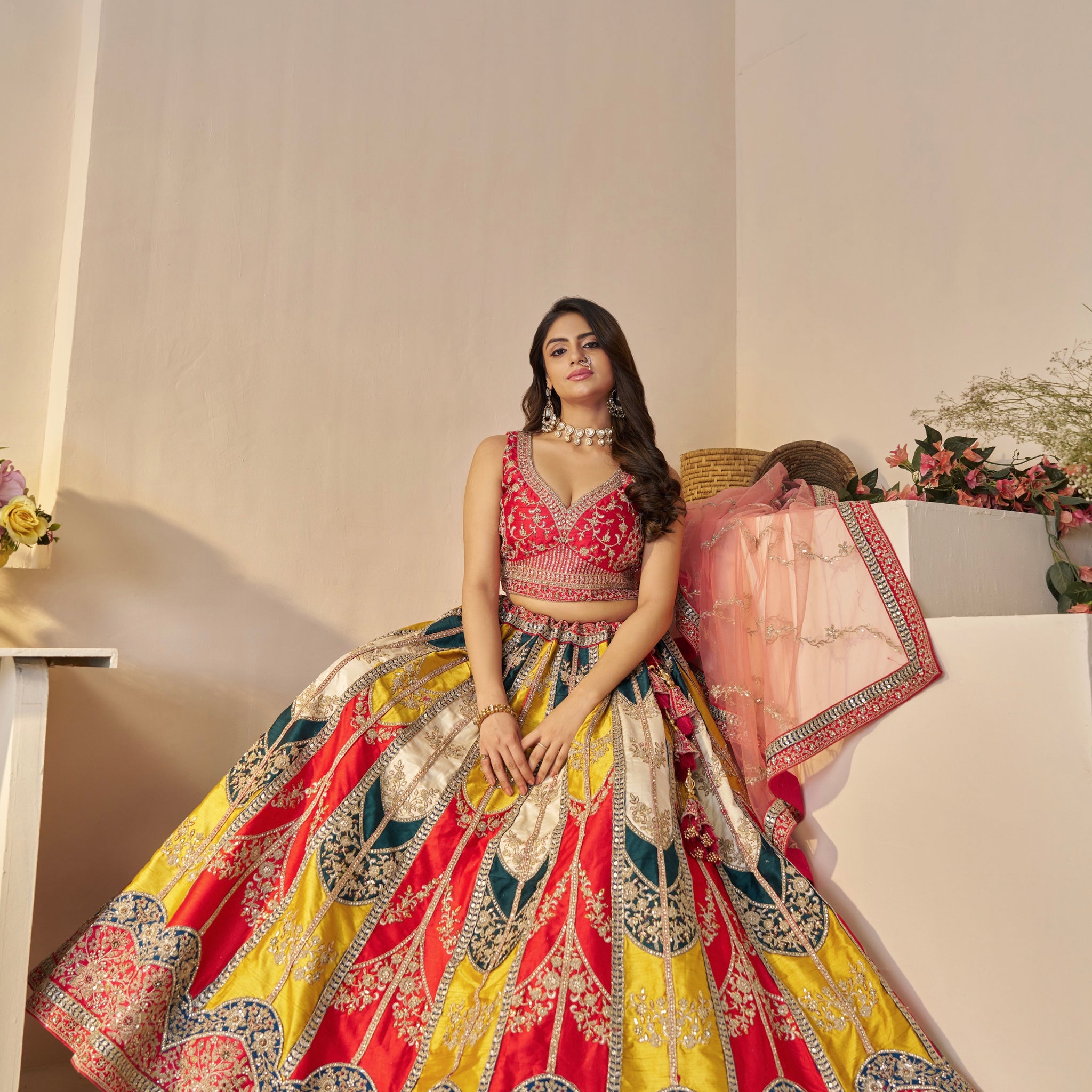 Multi-Color Silk Bridal Lehenga with Pink Dupatta


