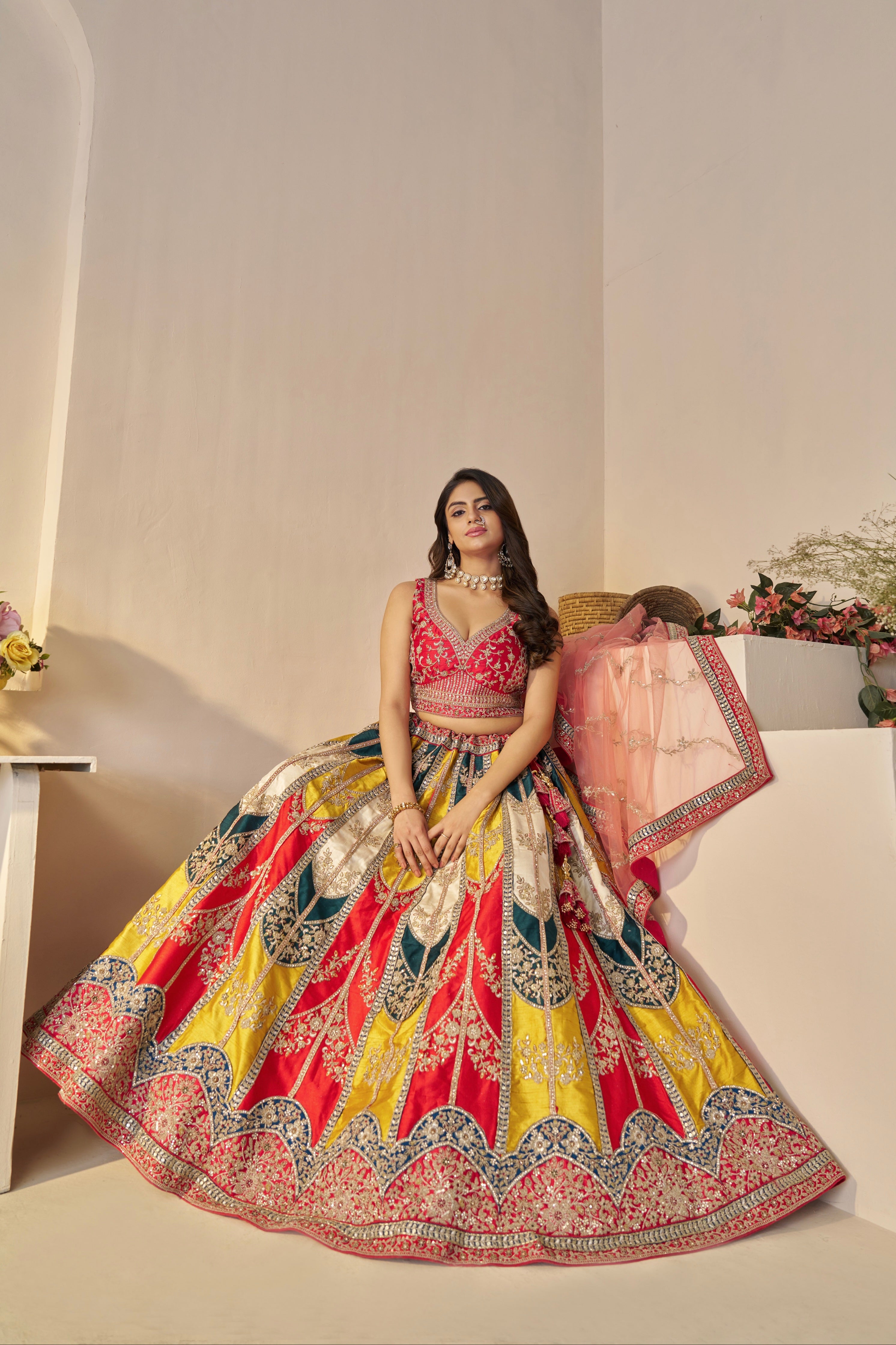 Multi-Color Silk Bridal Lehenga with Pink Dupatta

