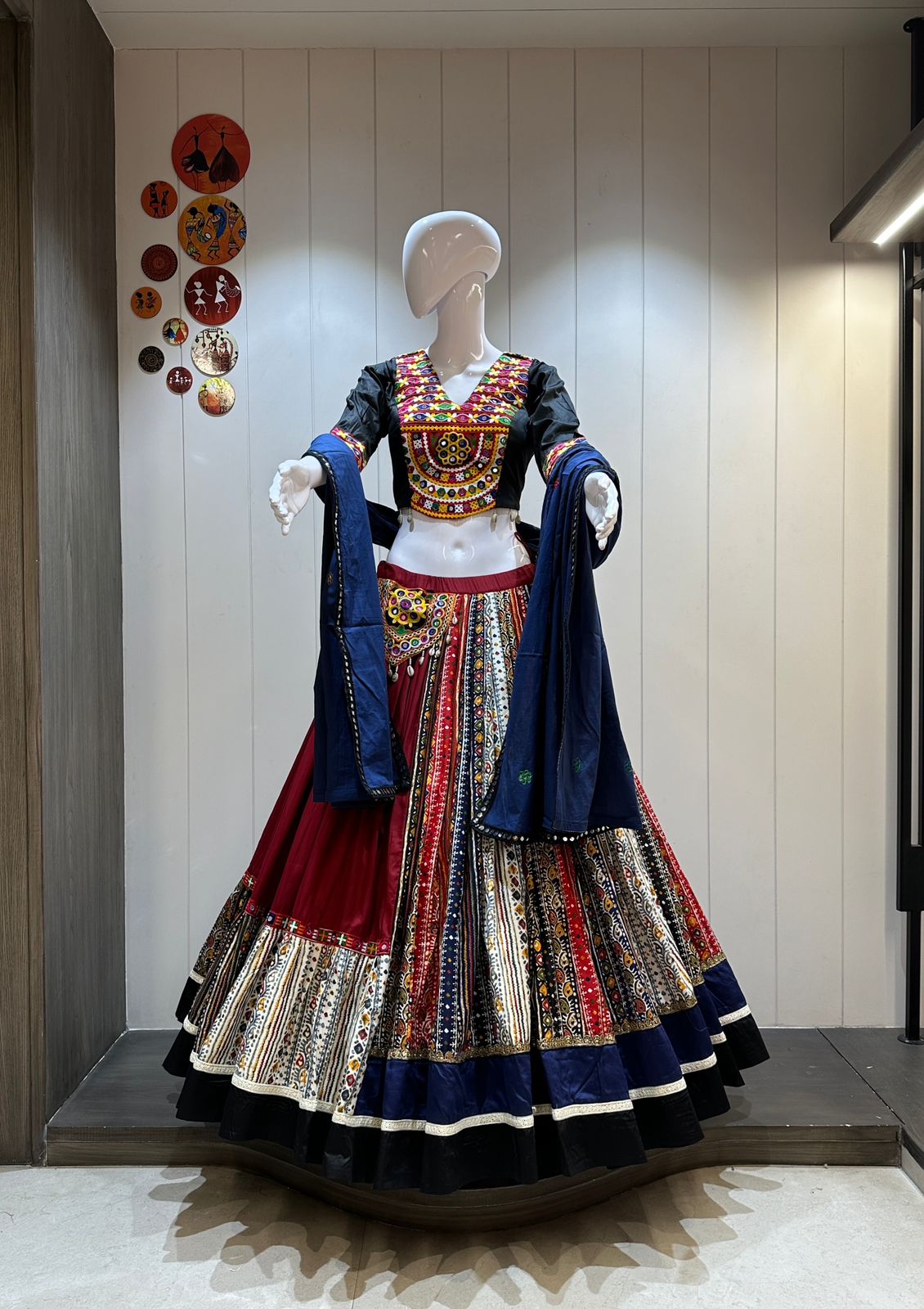 Maroon navy Gamthi chaniya choli with Jaam cotton and 14-meter flare


