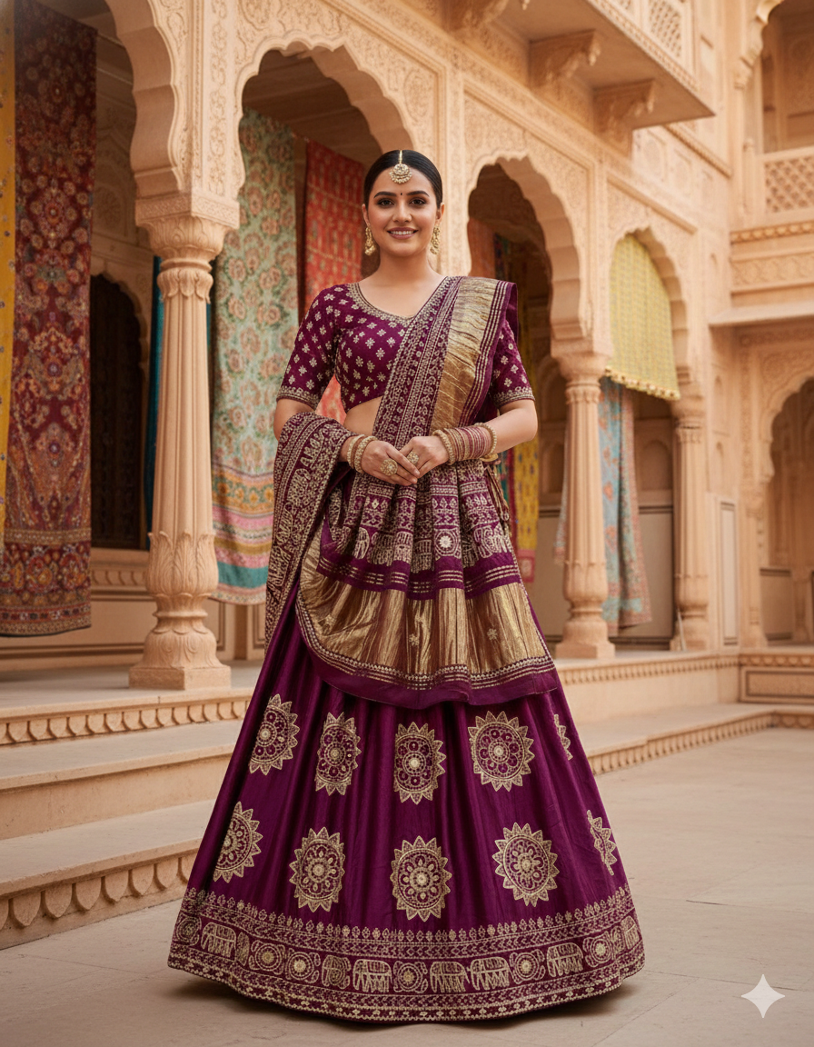 Wine Pure Modal Gajji Silk Rajsthani Lehenga Choli ##color## Gharchola Lehenga Choli with premium fabric and embroidery