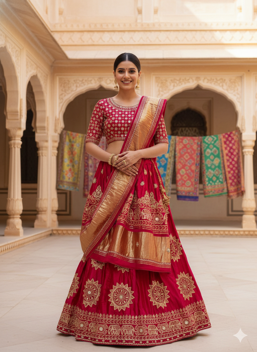 Red Pure Modal Gajji Silk Rajsthani Lehenga Choli 