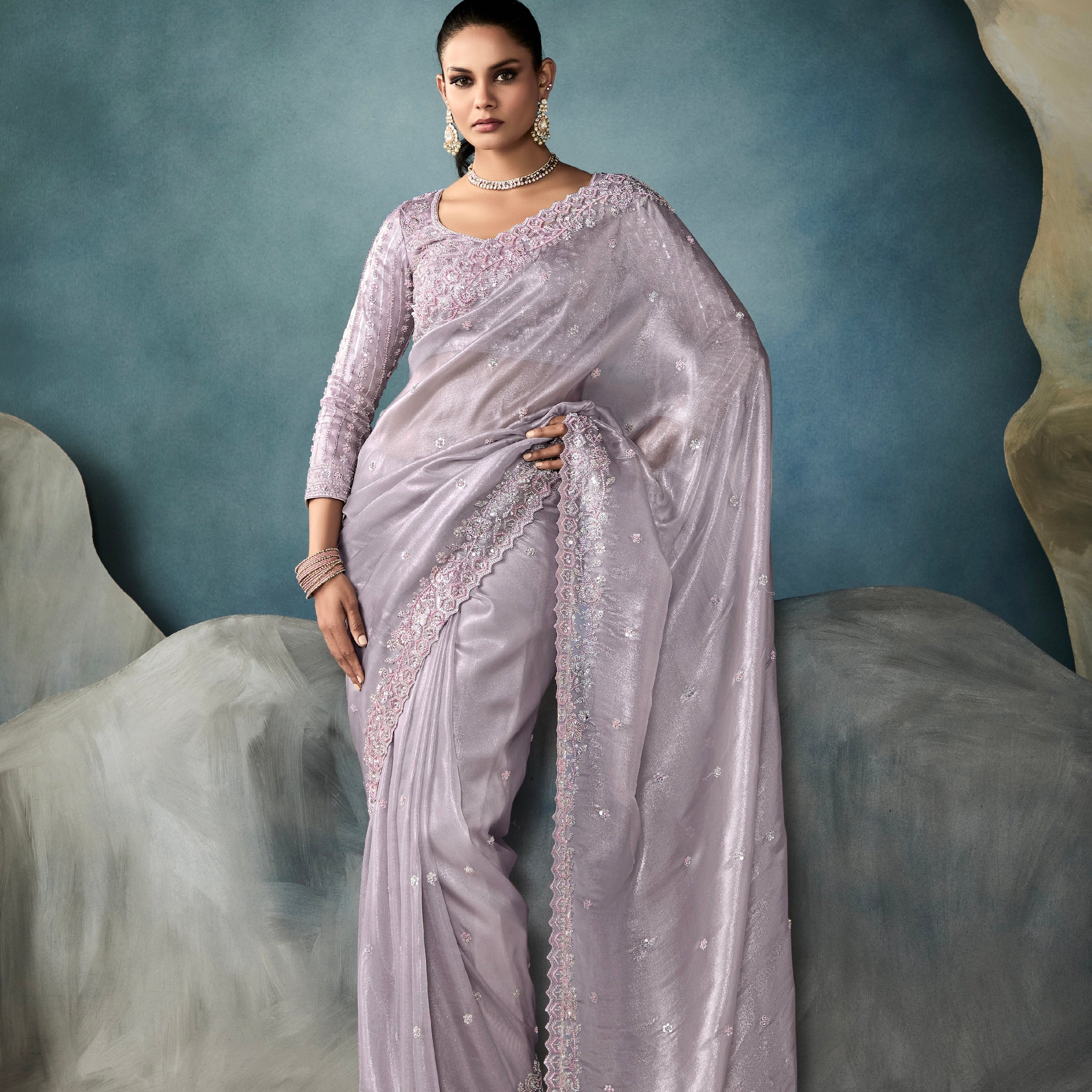 Lavender Embroidered Designer Tissue Saree