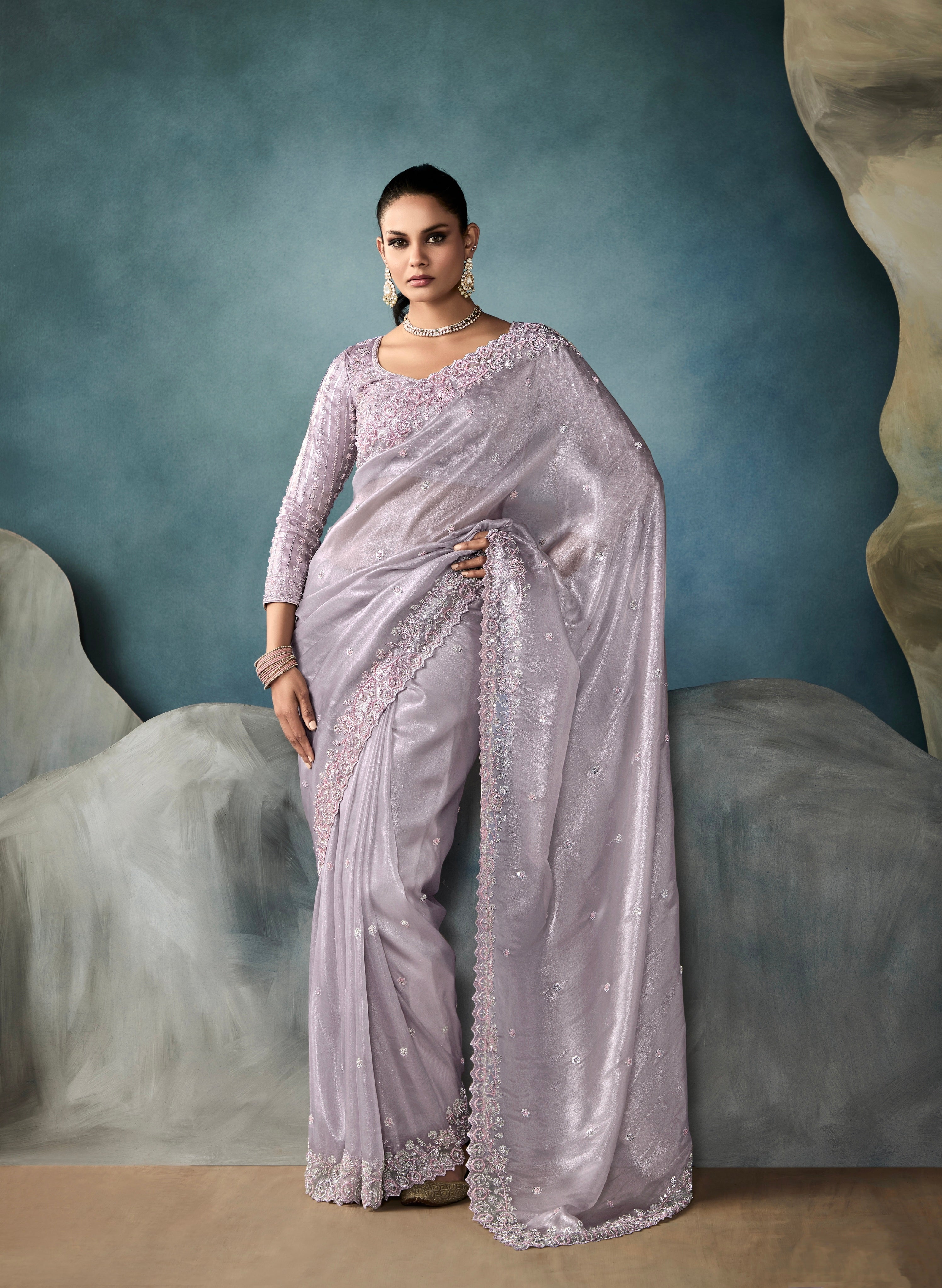Lavender Embroidered Designer Tissue Saree