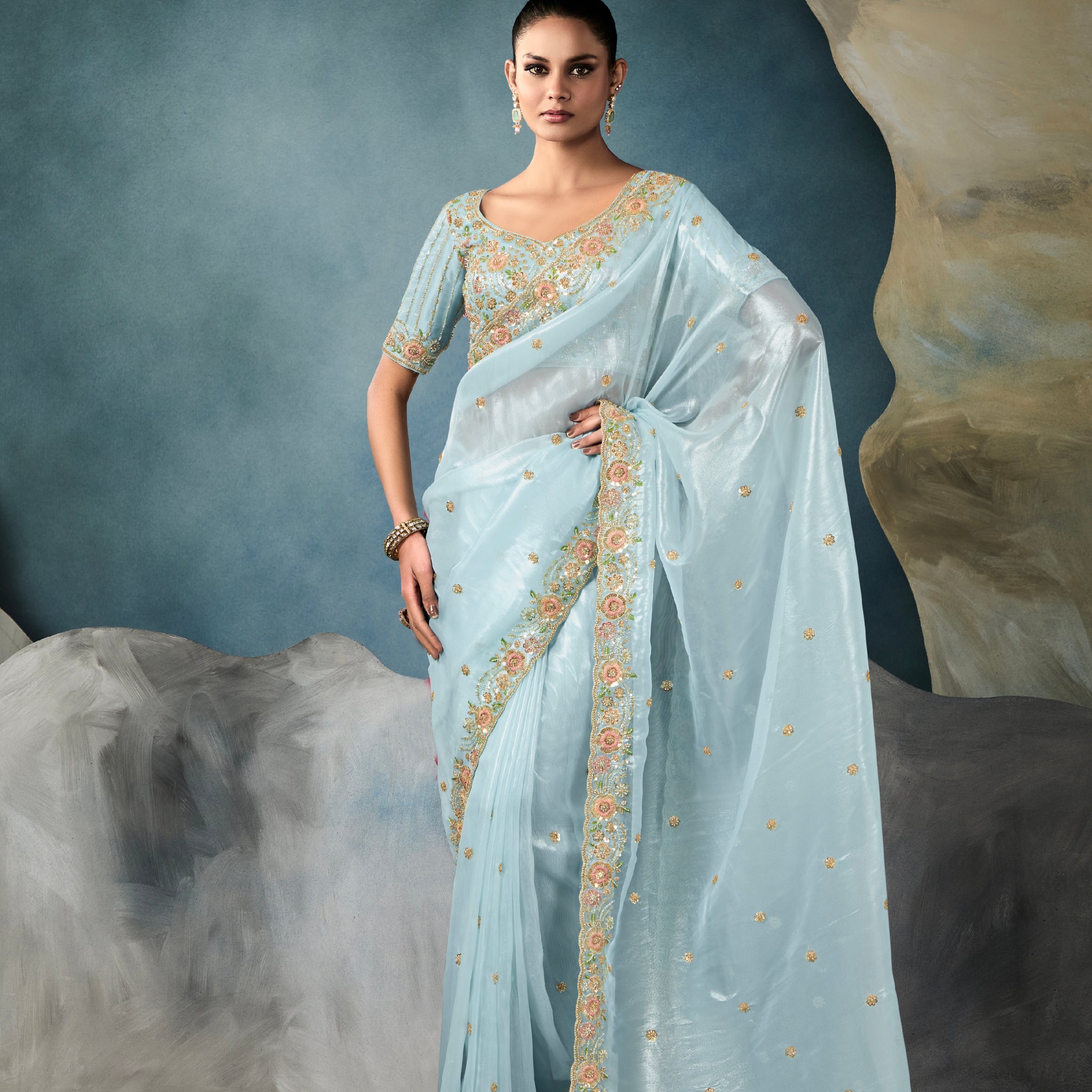 Sky blue tissue saree with hand embroidery and satin blouse

