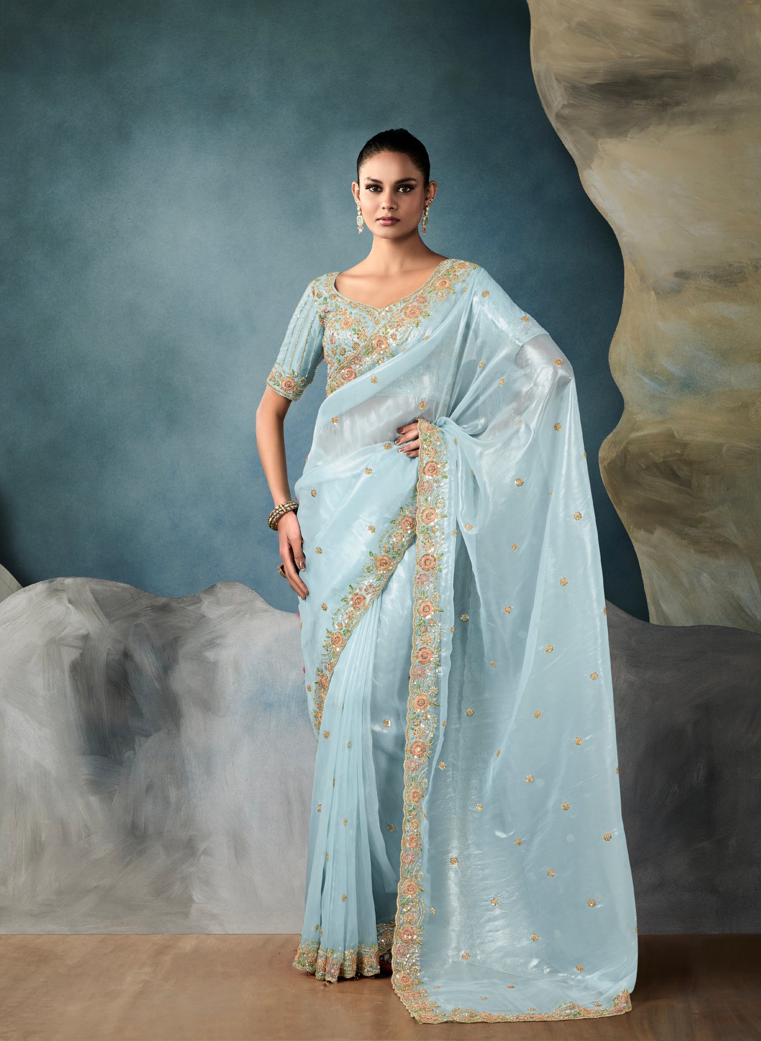 Sky blue tissue saree with hand embroidery and satin blouse

