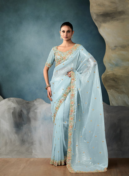 Sky blue tissue saree with hand embroidery and satin blouse

