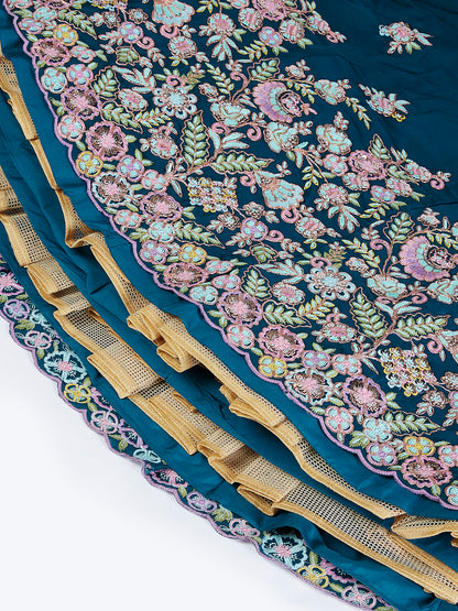 Teal Georgette Sequins and Thread Embroidery Lehenga Choli &amp; Dupatta