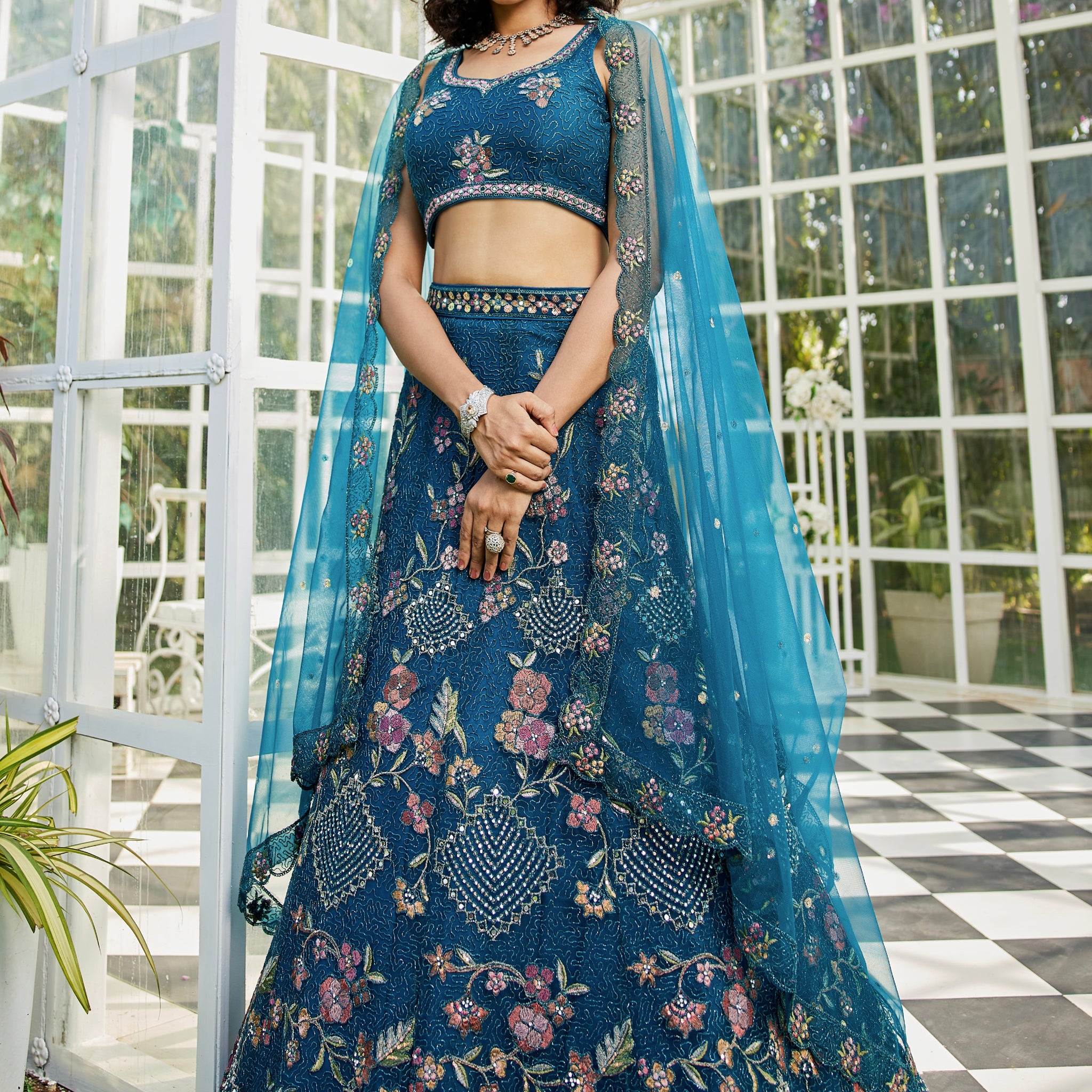 Navy Blue Net Embroidered Net Lehenga with Sequins & Zarkan Work
