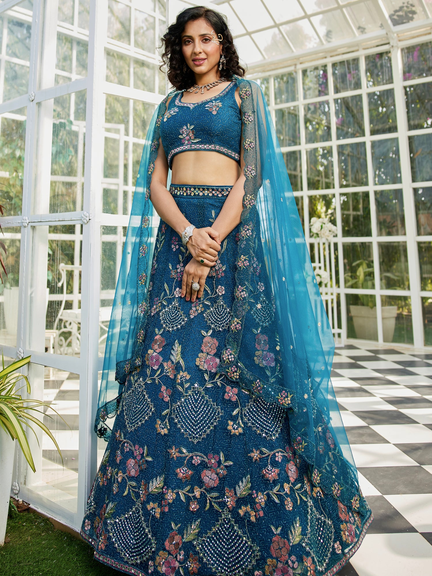 Navy Blue Net Embroidered Net Lehenga with Sequins &amp; Zarkan Work