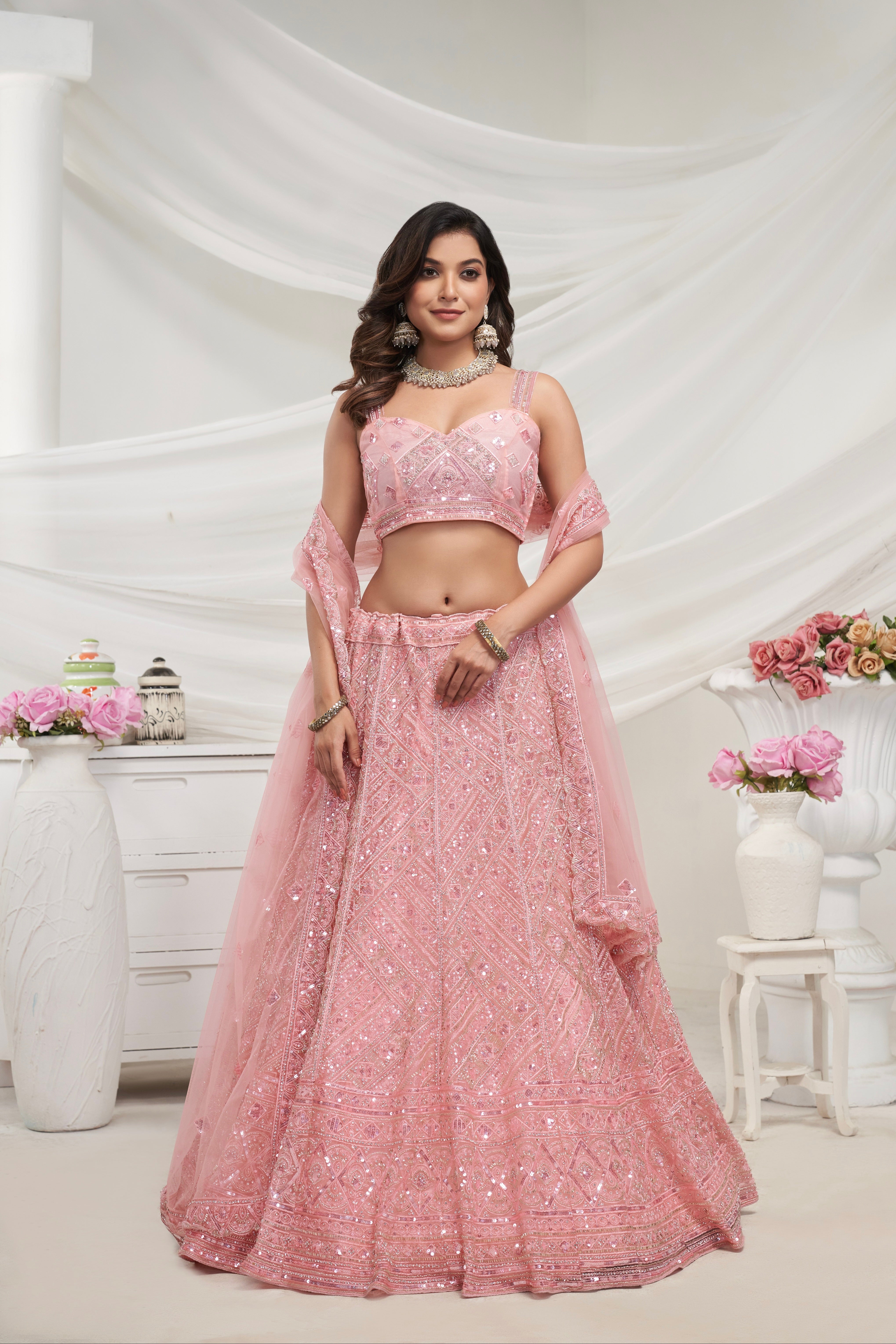 Peach Net Lehenga Set with Sequin & Cut Dana Embellishments