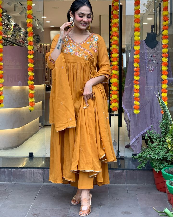 Mustard Viscose Anarkali Kurti Set with Embroidered Dupatta