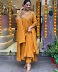 Mustard Viscose Anarkali Kurti Set with Embroidered Dupatta