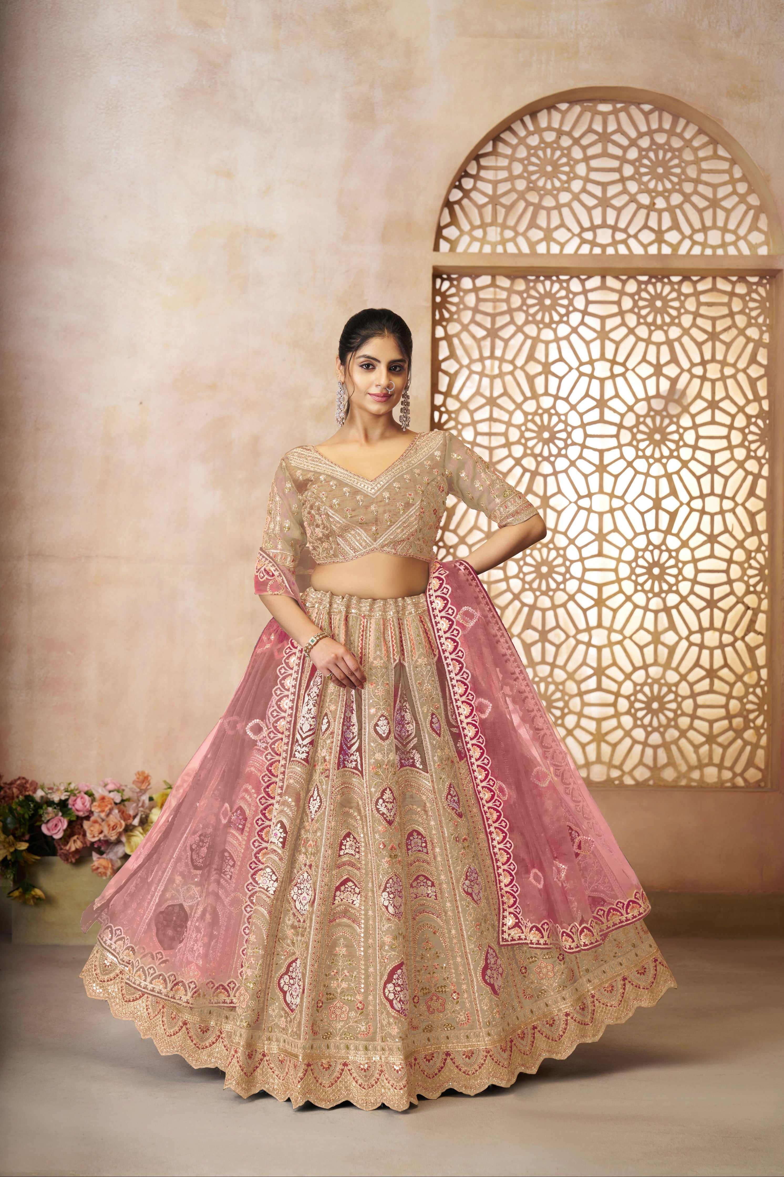 Chiku Banarasi Silk Lehenga with Aari Work & Net Dupatta