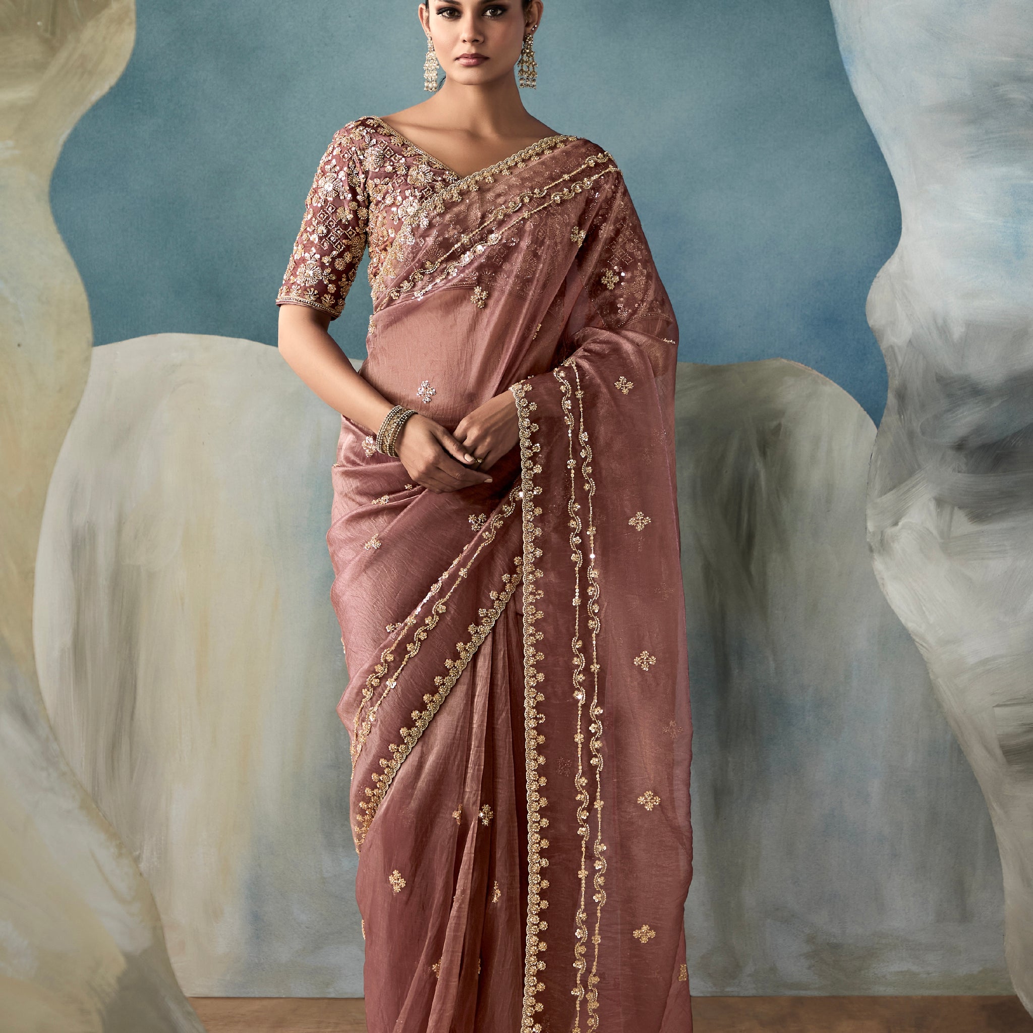 Dusty ose tissue saree with designer hand embroidery

