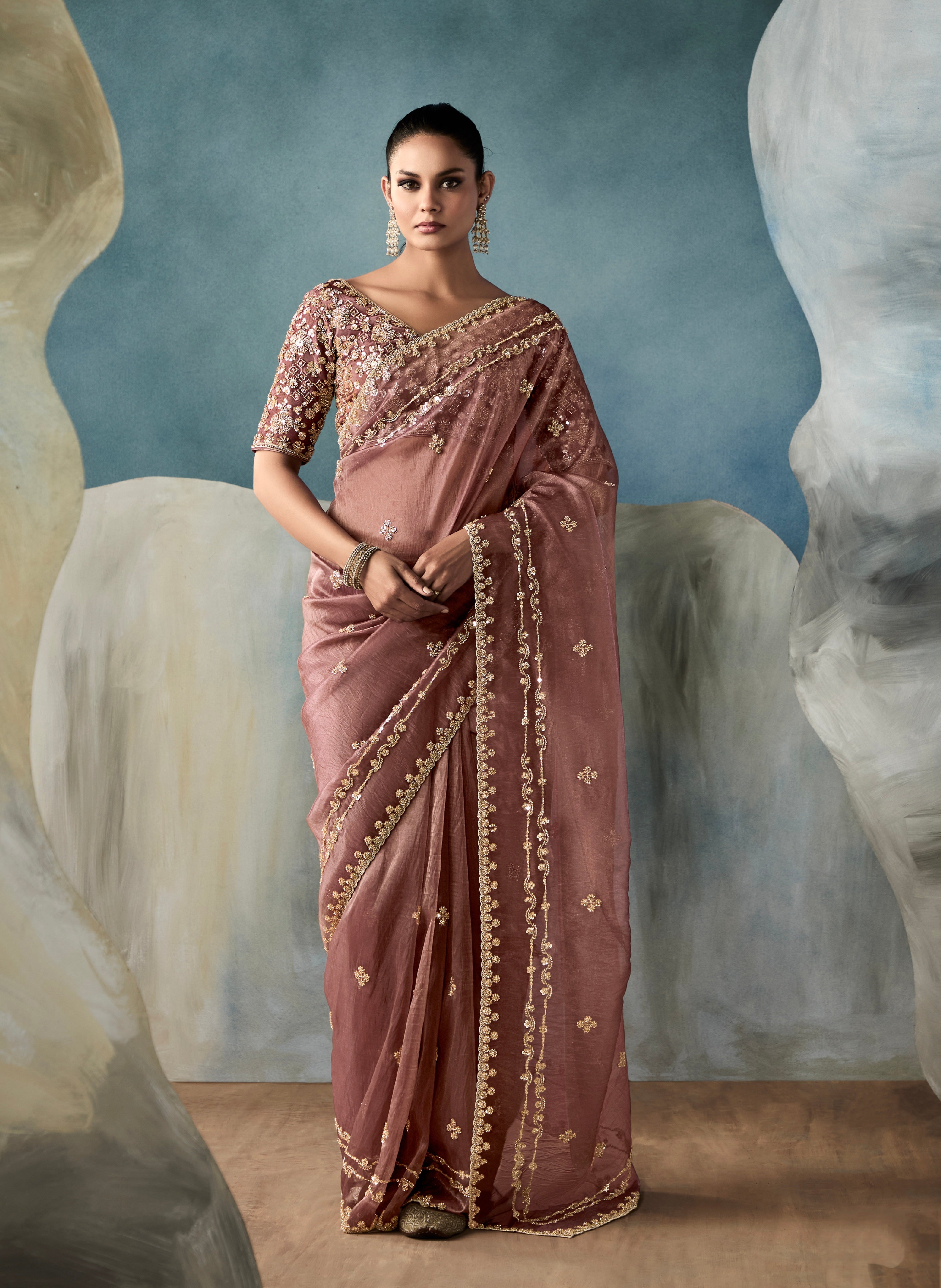 Dusty ose tissue saree with designer hand embroidery

