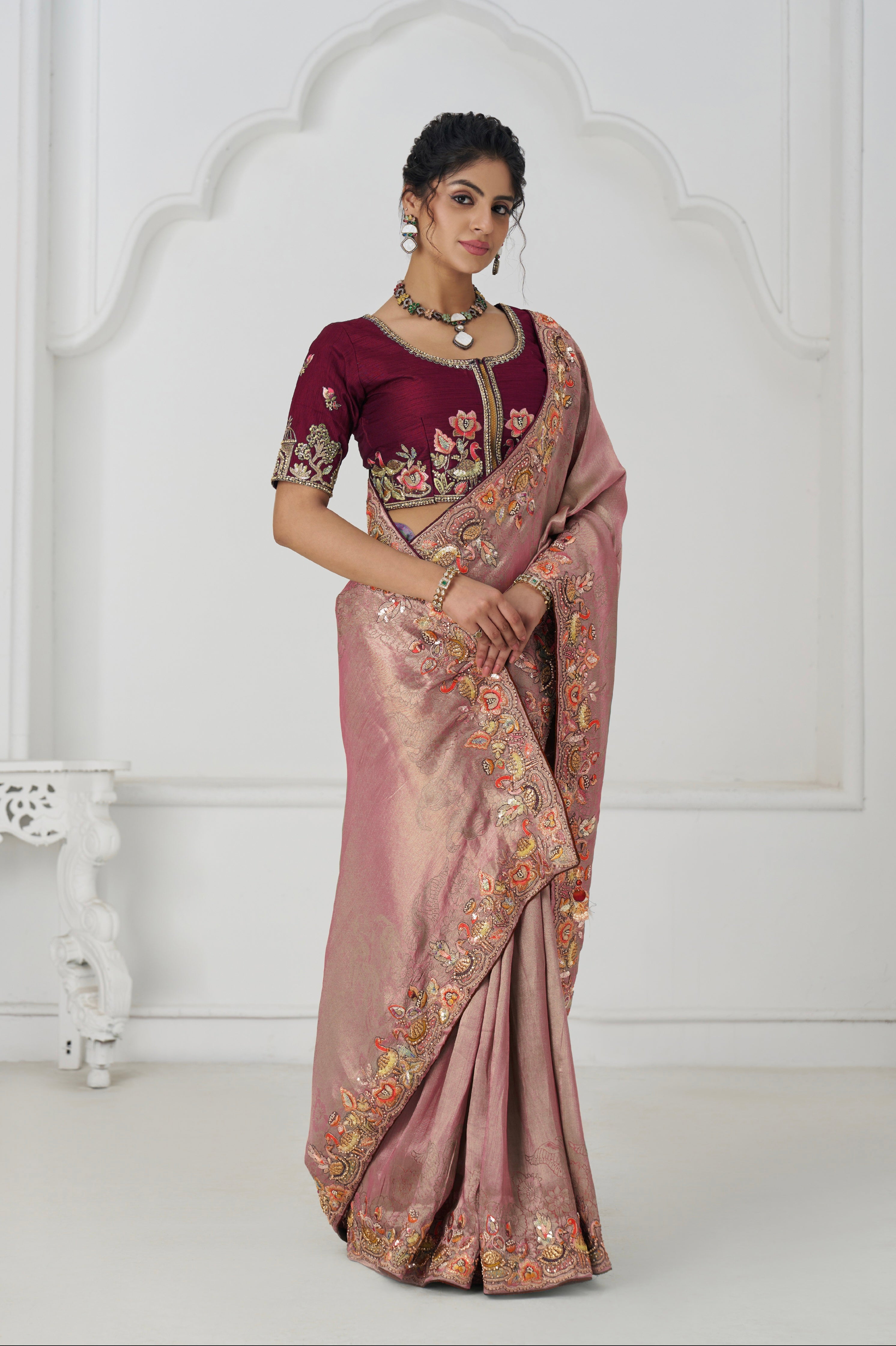Pink saree with bead and sequin work