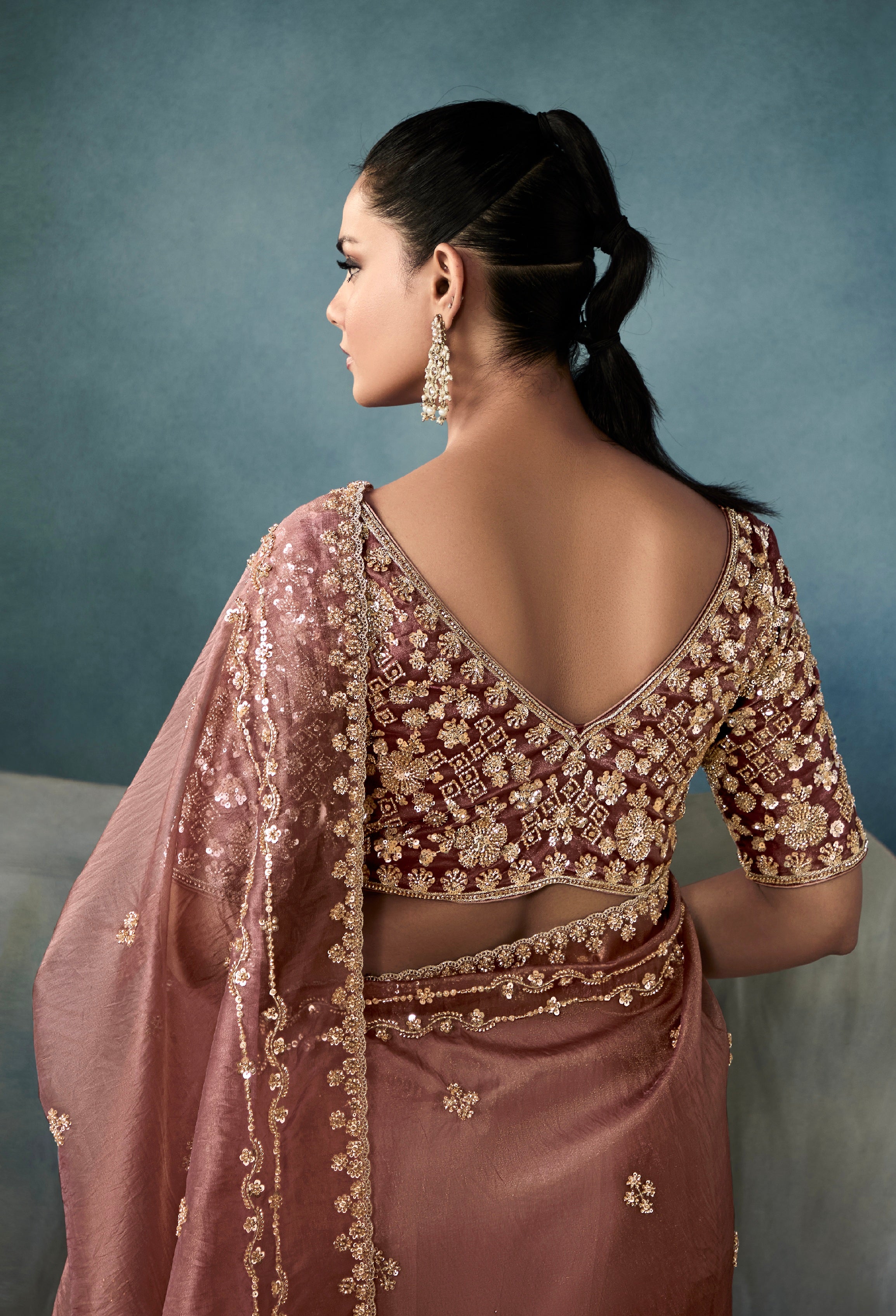 Designer embroidered dusty rose tissue saree for parties

