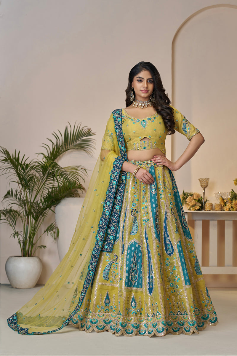 Yellow Banarasi silk bridal lehenga with dupatta
