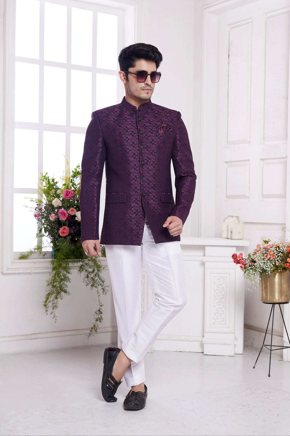Wine maroon jacquard jodhpuri suit


