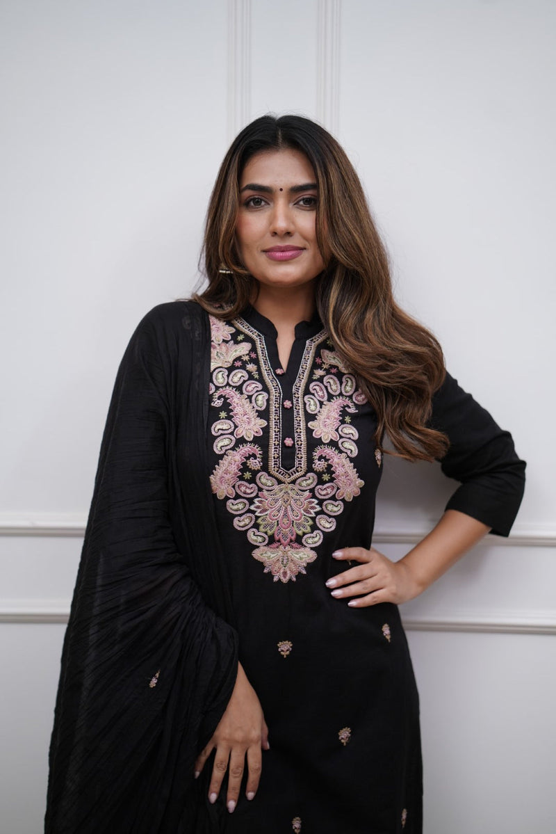 Black Viscose Chanderi Kurti Set with Embroidery & Dupatta