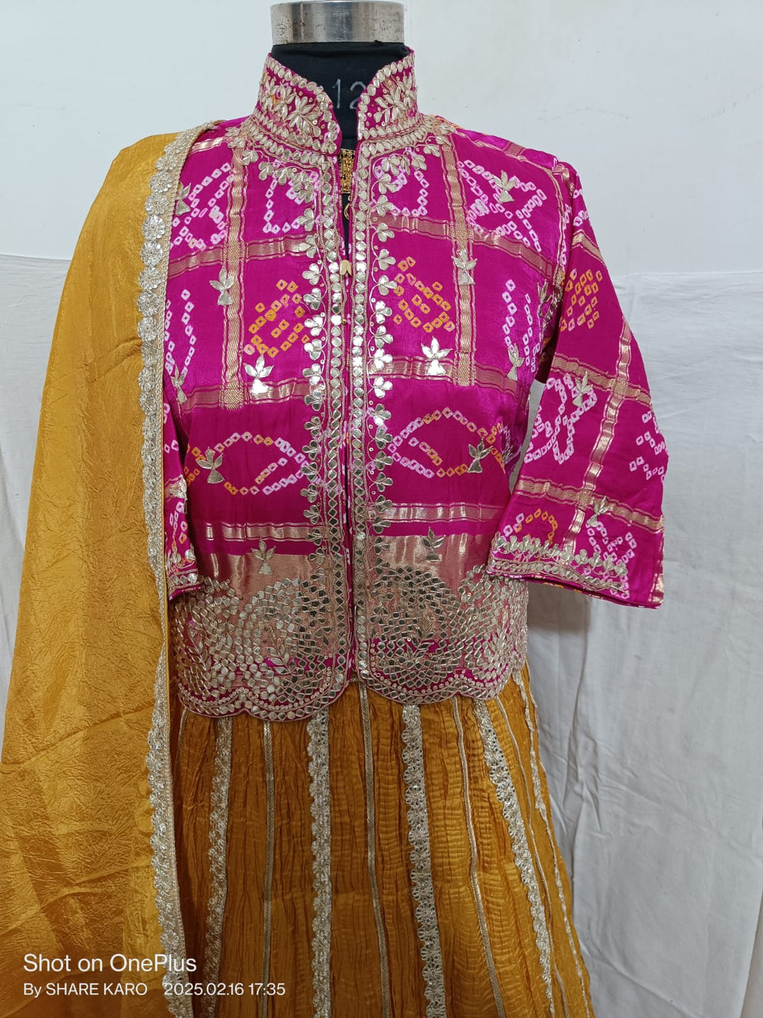 Yellow &amp; Pink Pure Upada Crush Gajji Silk Gharchola Rajsthani Lehenga Choli