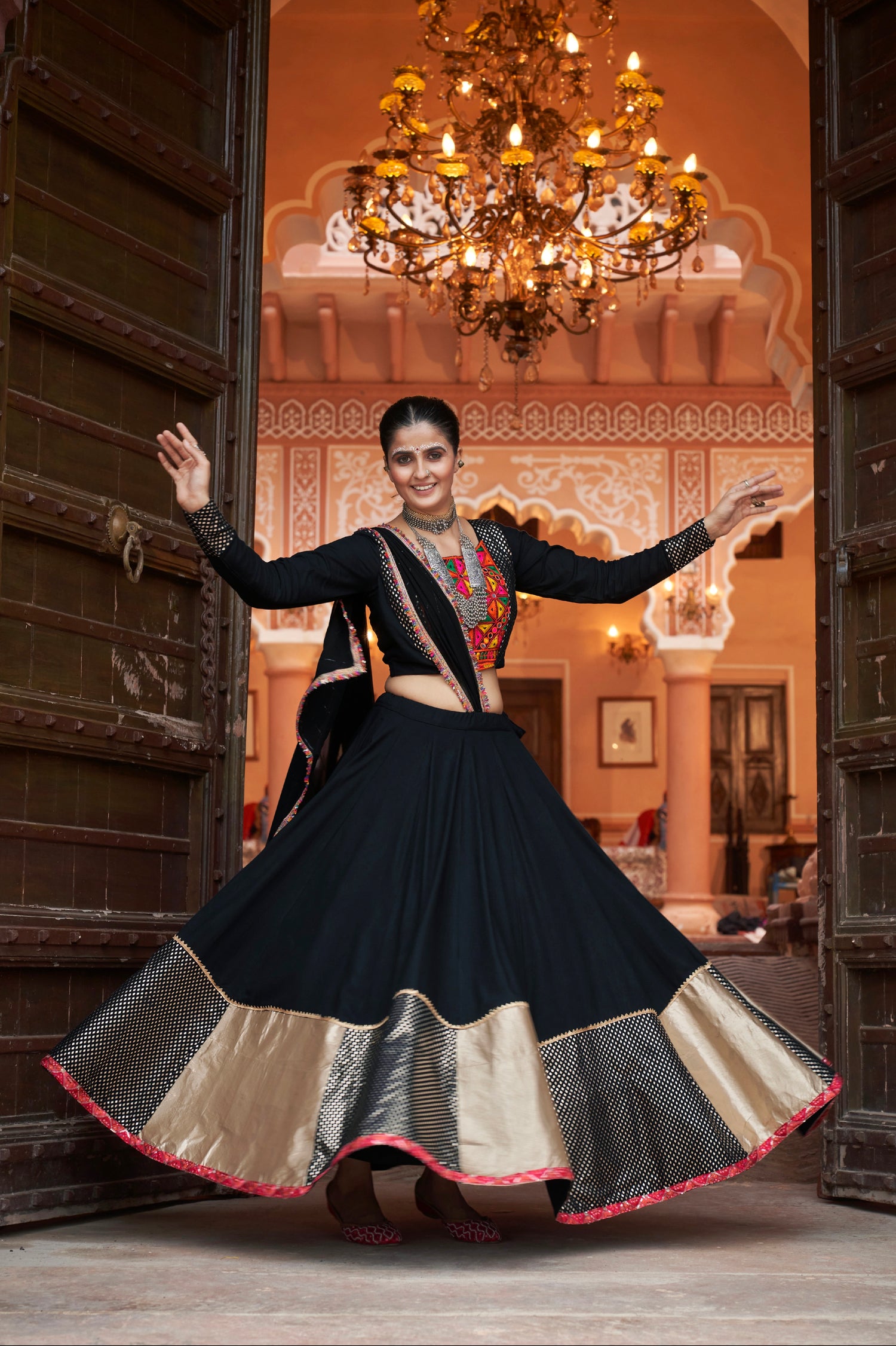 Black &amp; Gold Embroidered Viscose Rayon Chaniya Choli