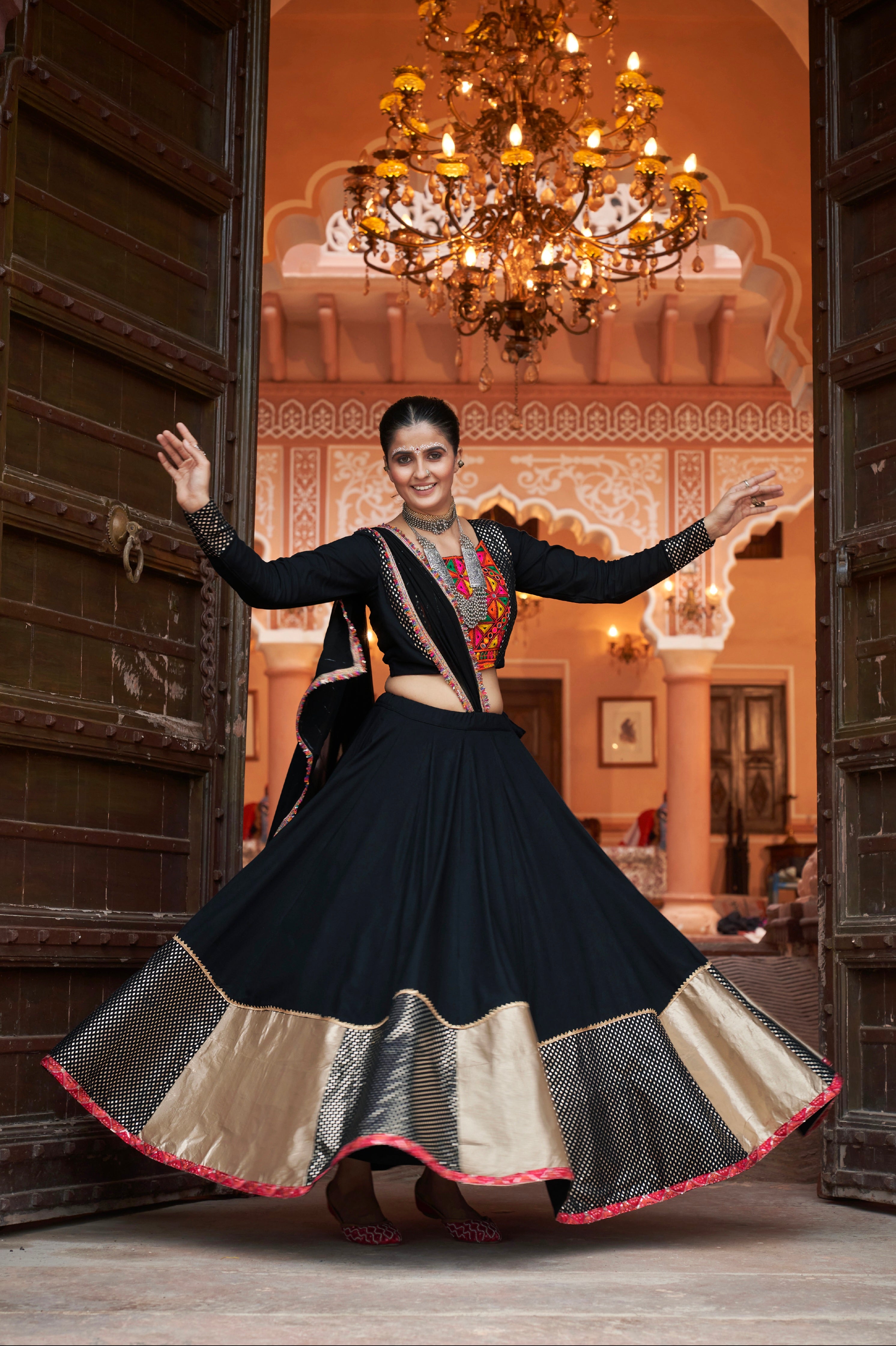 Black &amp; Gold Embroidered Viscose Rayon Chaniya Choli