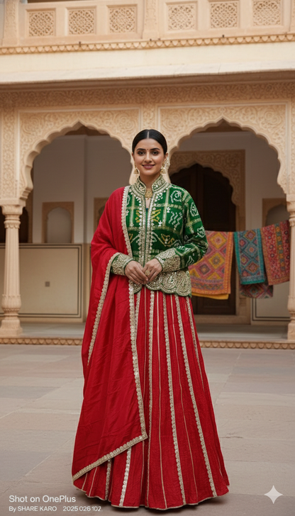 Red &amp; Green Pure Upada Crush Gajji Silk Gharchola Rajsthani Lehenga Choli 