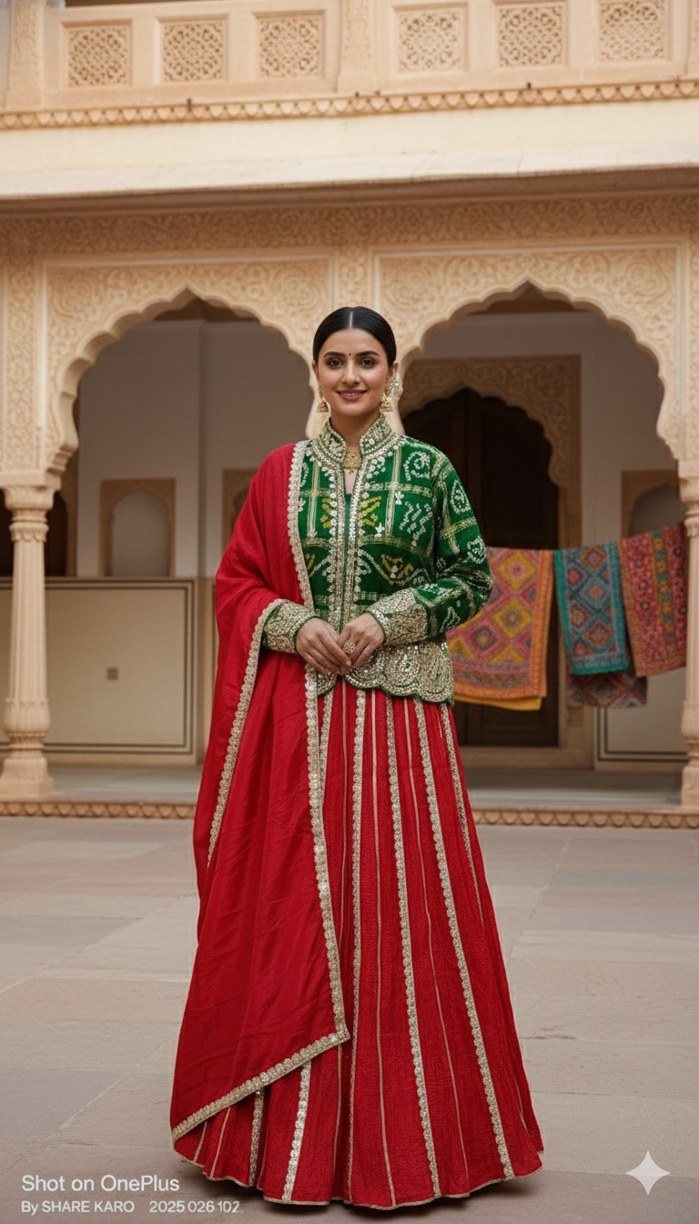 Red & Green Pure Upada Crush Gajji Silk Gharchola Rajsthani Lehenga Choli ##color## Gharchola Lehenga Choli with premium fabric and embroidery