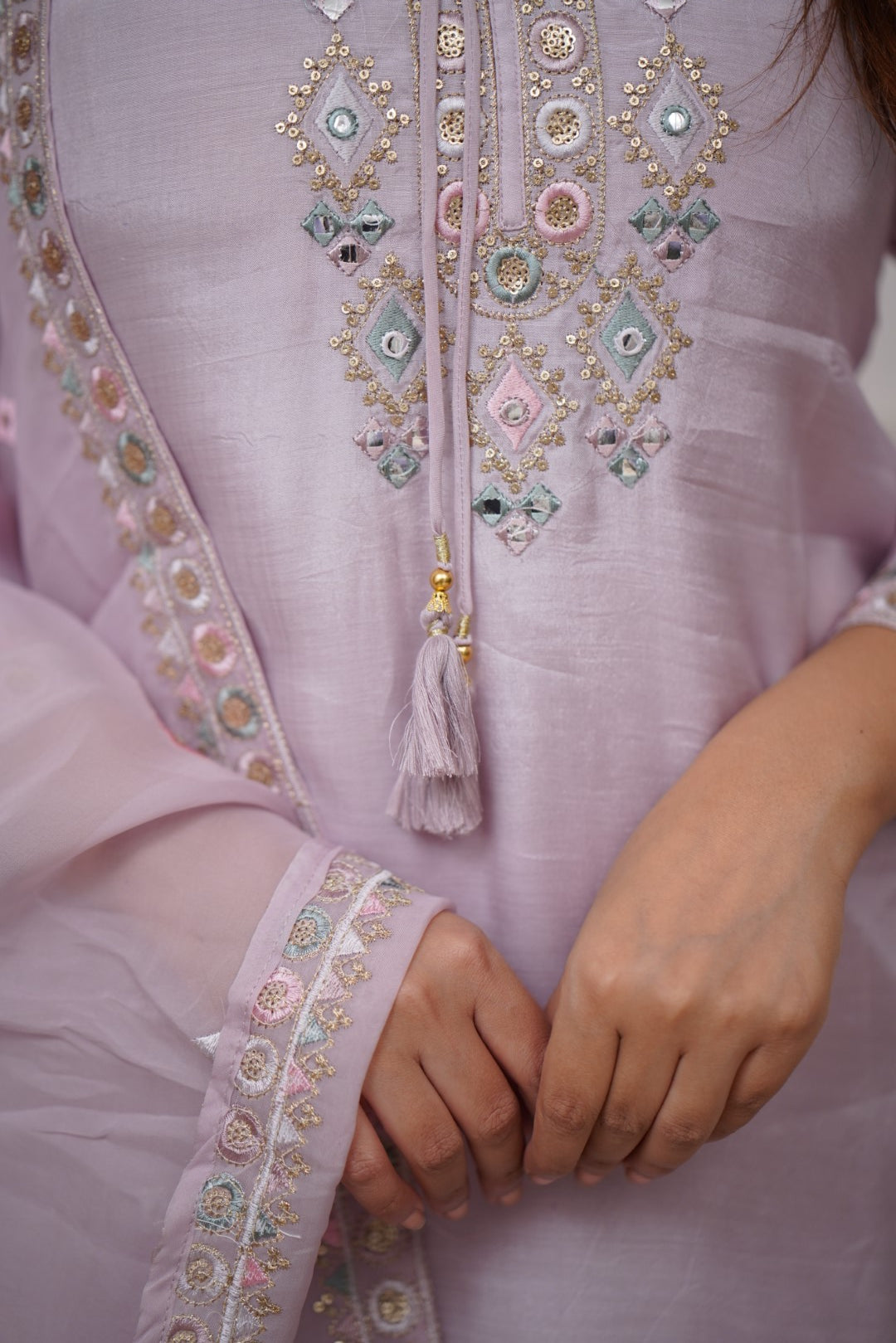 Lilac Viscose Chanderi Kurti Set with Organza Silk Dupatta
