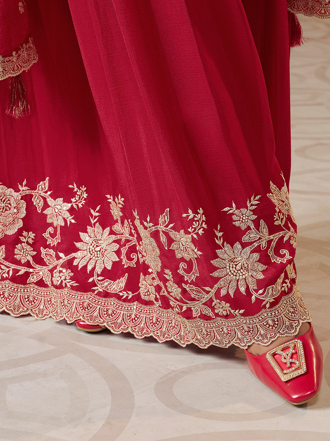 Red Embroidered Chinon Sharara Suit with Thread & Khatli Handwork
