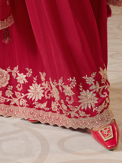 Red Embroidered Chinon Sharara Suit with Thread &amp; Khatli Handwork